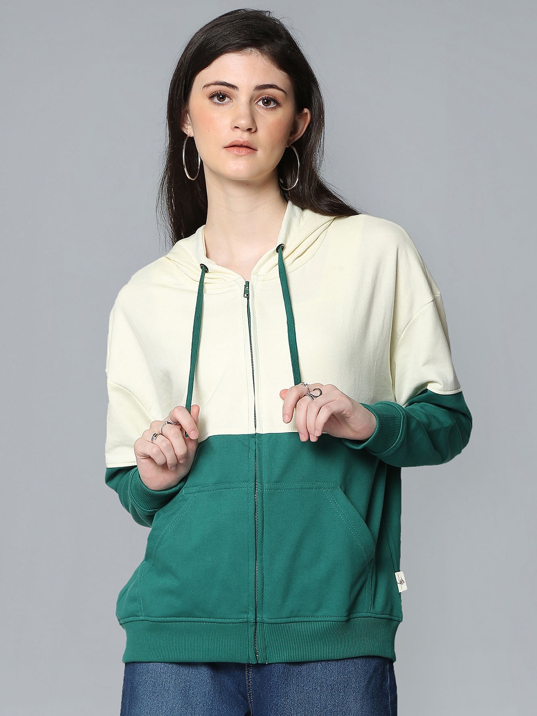 

Flying Machine Women Off-White & Teal Green Colourblocked Hooded Front-Open Sweatshirt