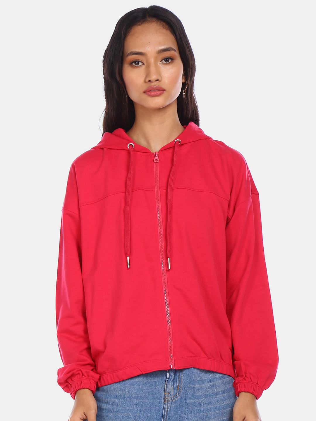 

Flying Machine Women Pink Solid Hooded Front-Open Sweatshirt