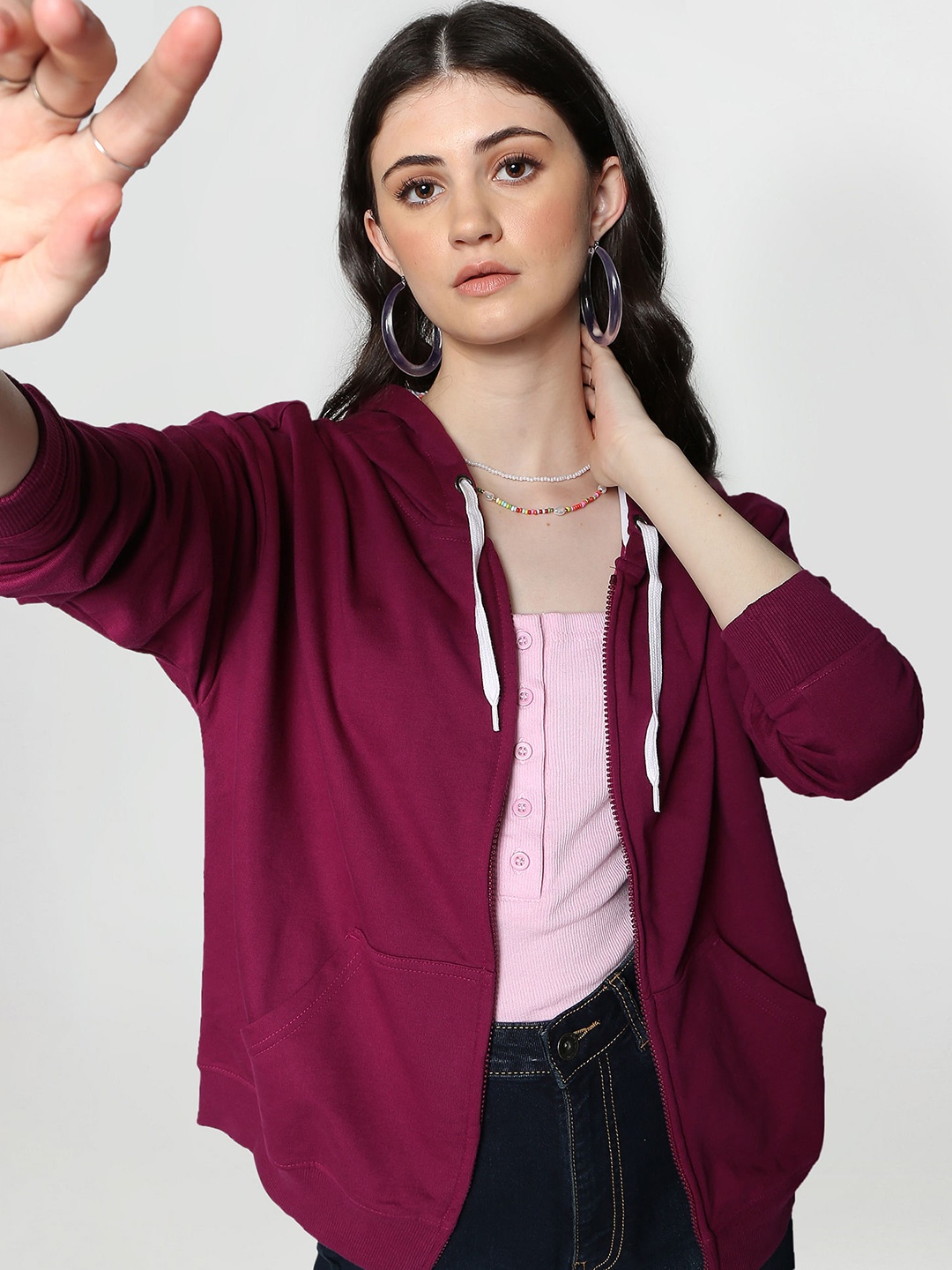 

Flying Machine Women Maroon Solid Hooded Sweatshirt
