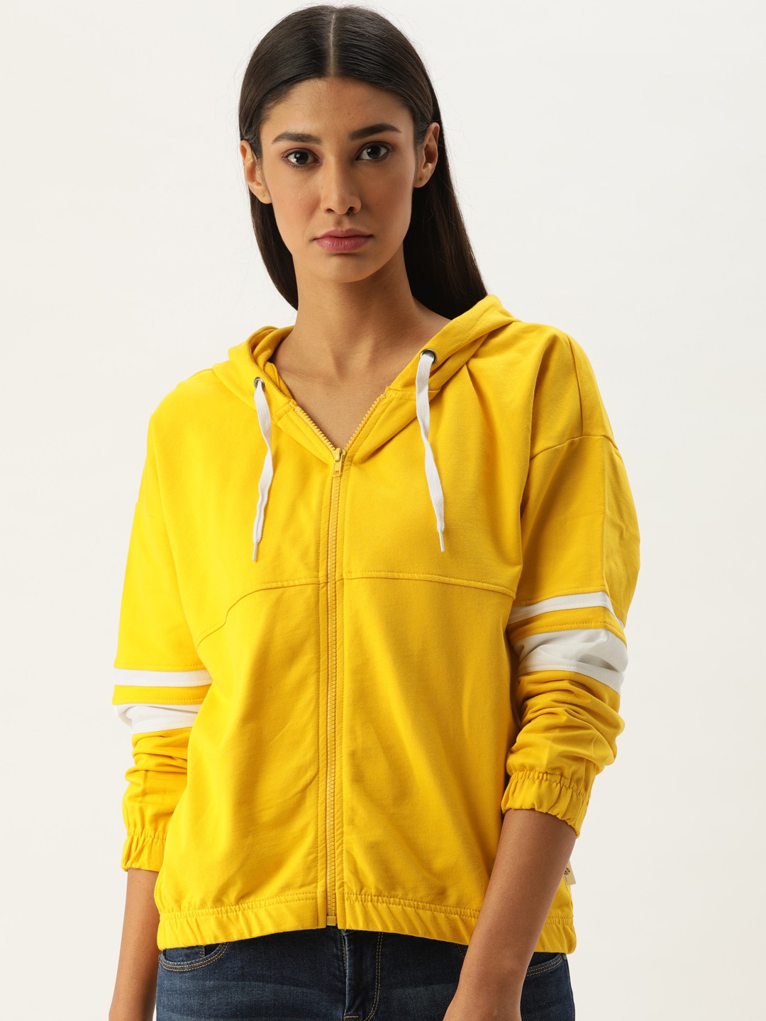 

Flying Machine Women Yellow Solid Hooded Sweatshirt