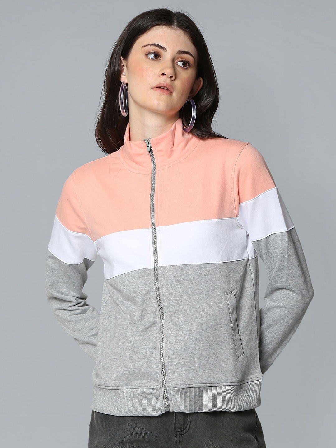 

Flying Machine Women Grey & Peach-Coloured Colourblocked Front-Open Sweatshirt