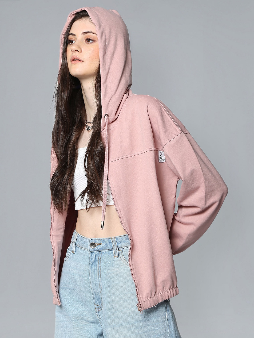 

Flying Machine Women Pink Solid Hooded Front-Open Sweatshirt