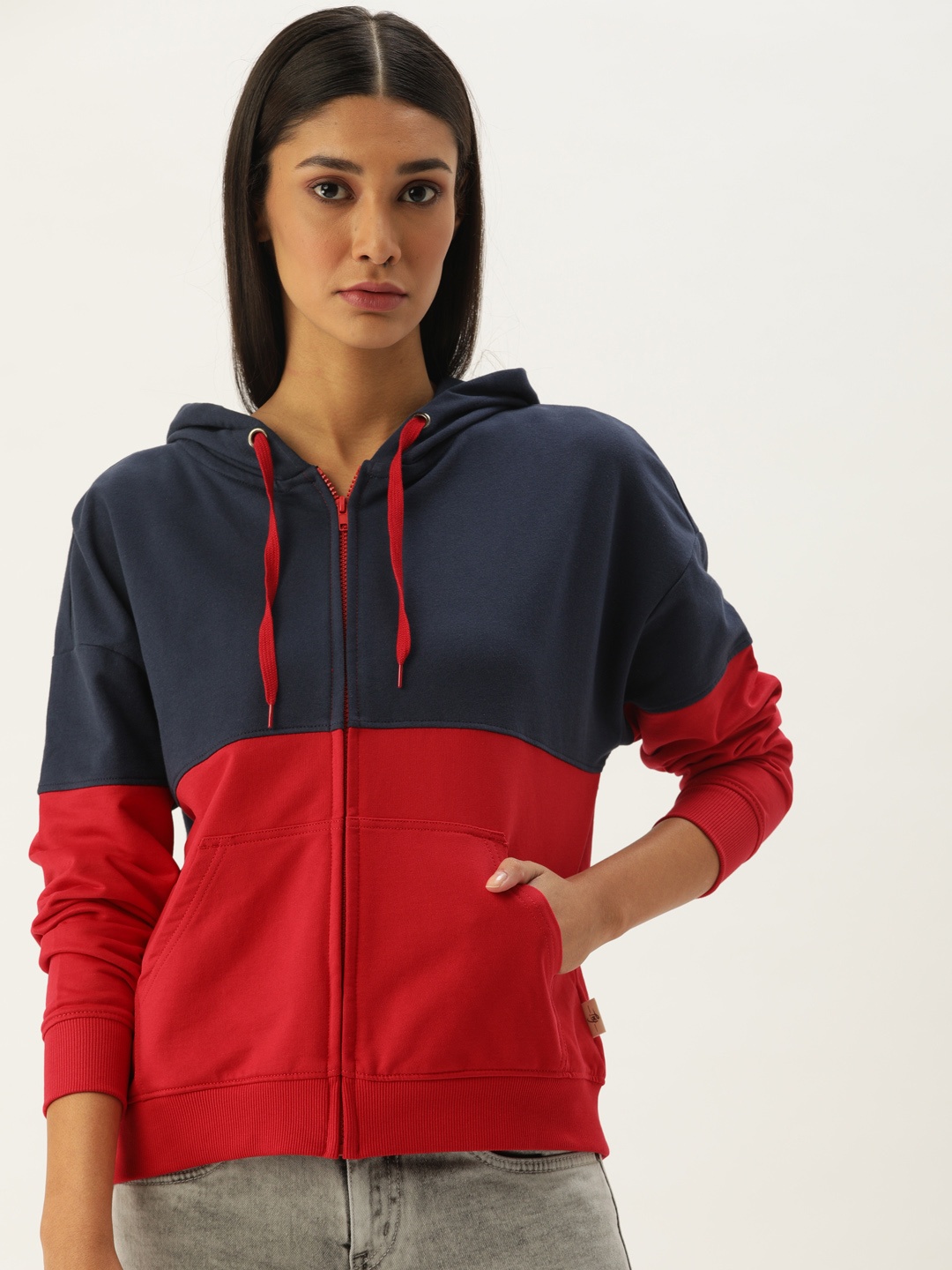 

Flying Machine Women Navy Blue & Red Colourblocked Hooded Sweatshirt