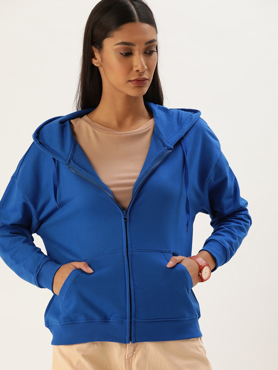 

Flying Machine Women Cotton Blue Solid Hooded Sweatshirt