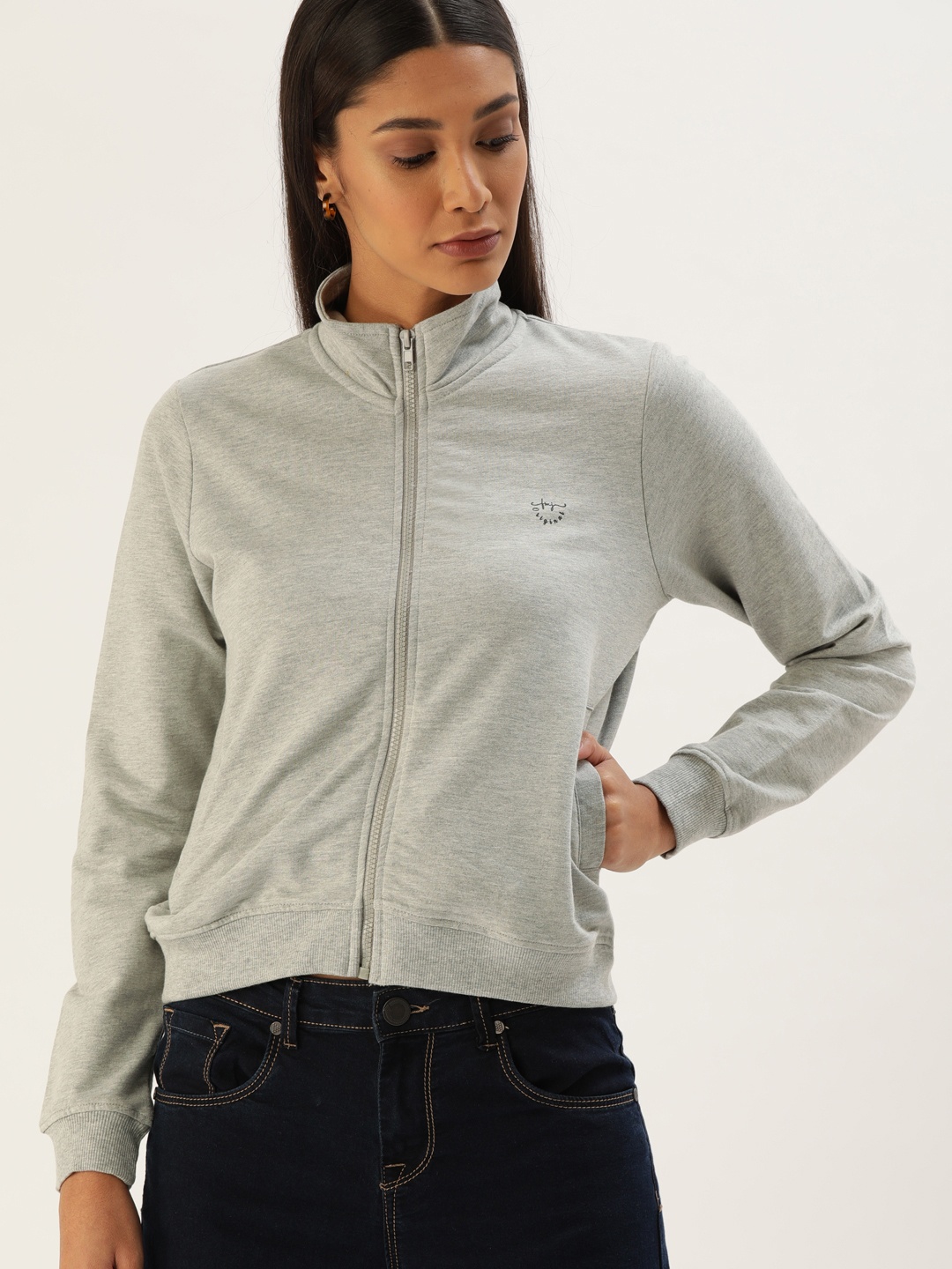 

Flying Machine Women Grey Solid Front-Open Sweatshirt