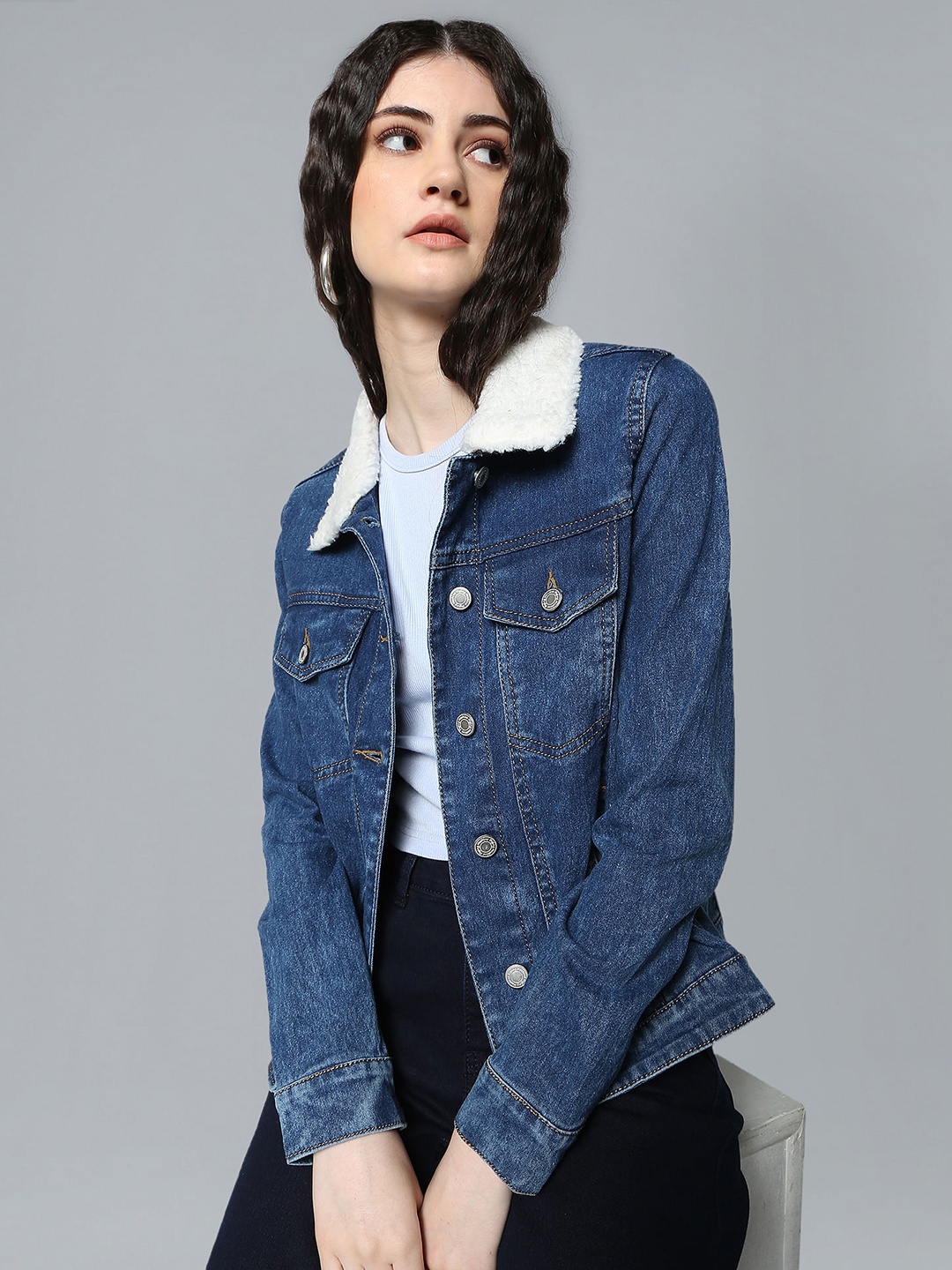 

Flying Machine Women Blue Solid Denim Jacket With Faux Fur Detailing