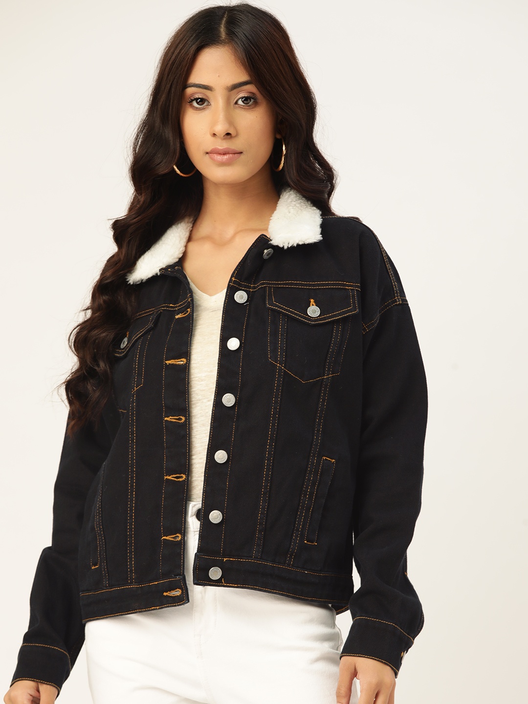 

Flying Machine Women Navy Blue Pure Cotton Solid Denim Jacket