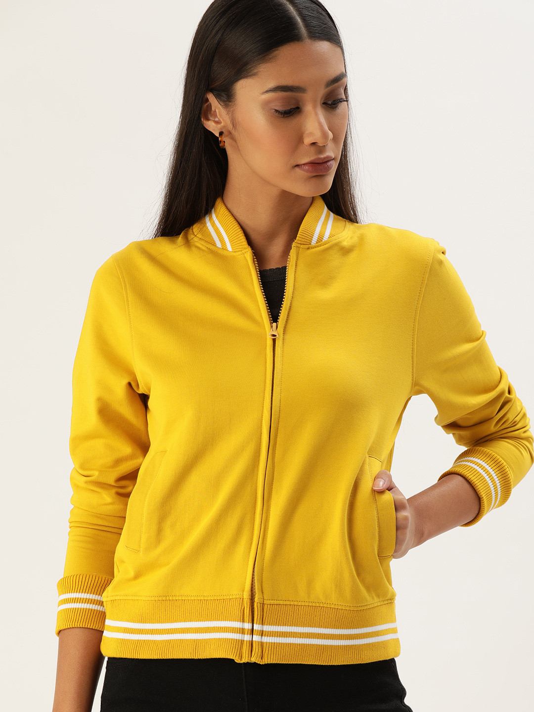 

Flying Machine Women Mustard Yellow Solid Front-Open Sweatshirt