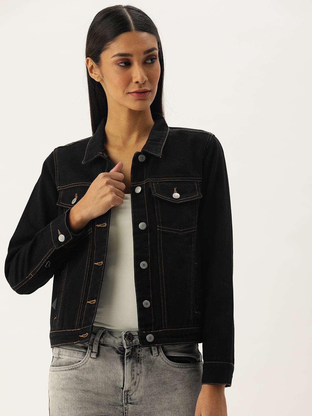 

Flying Machine Women Black Solid Denim Jacket