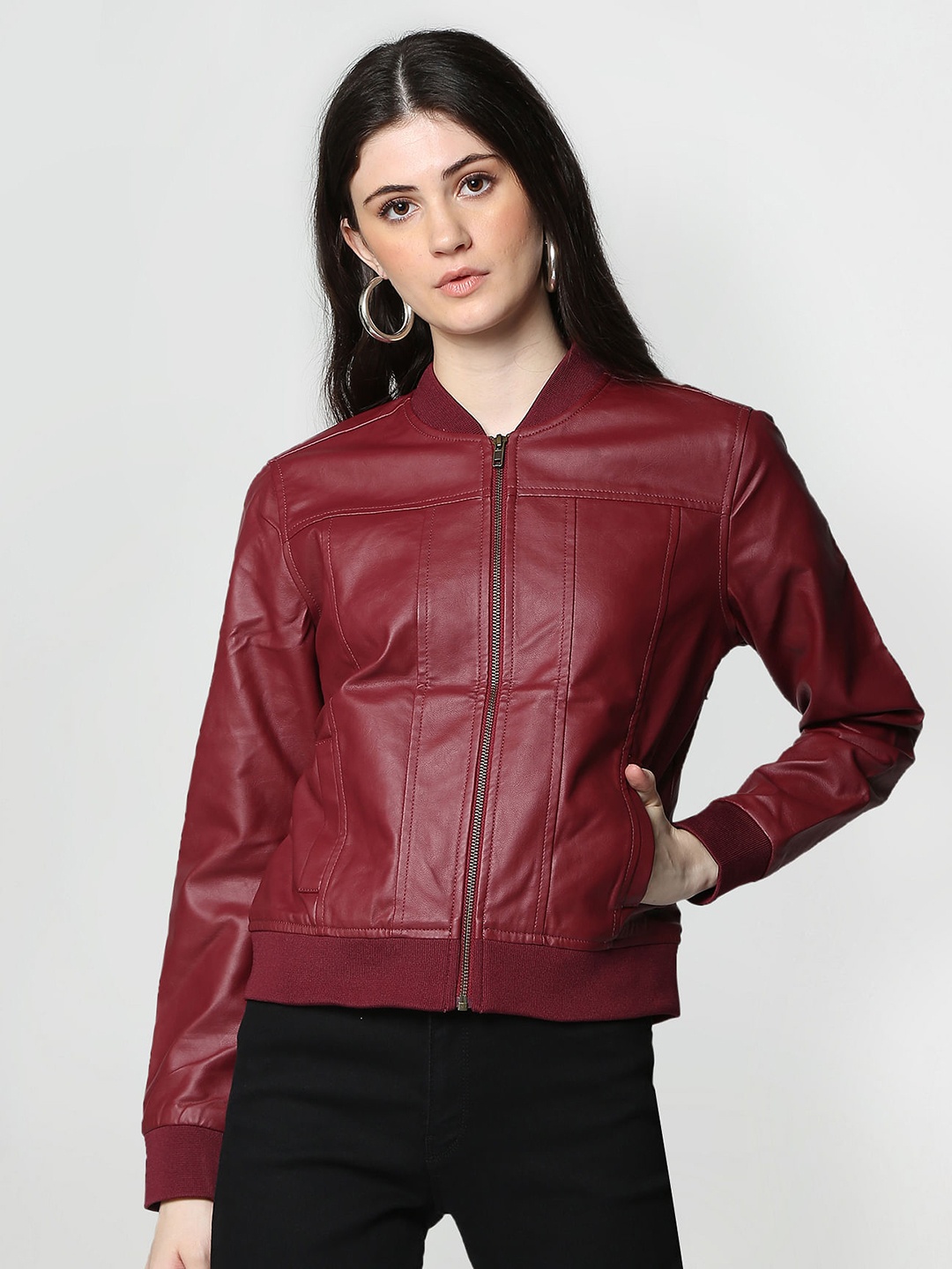 

Flying Machine Women Maroon Solid Lightweight Bomber Jacket