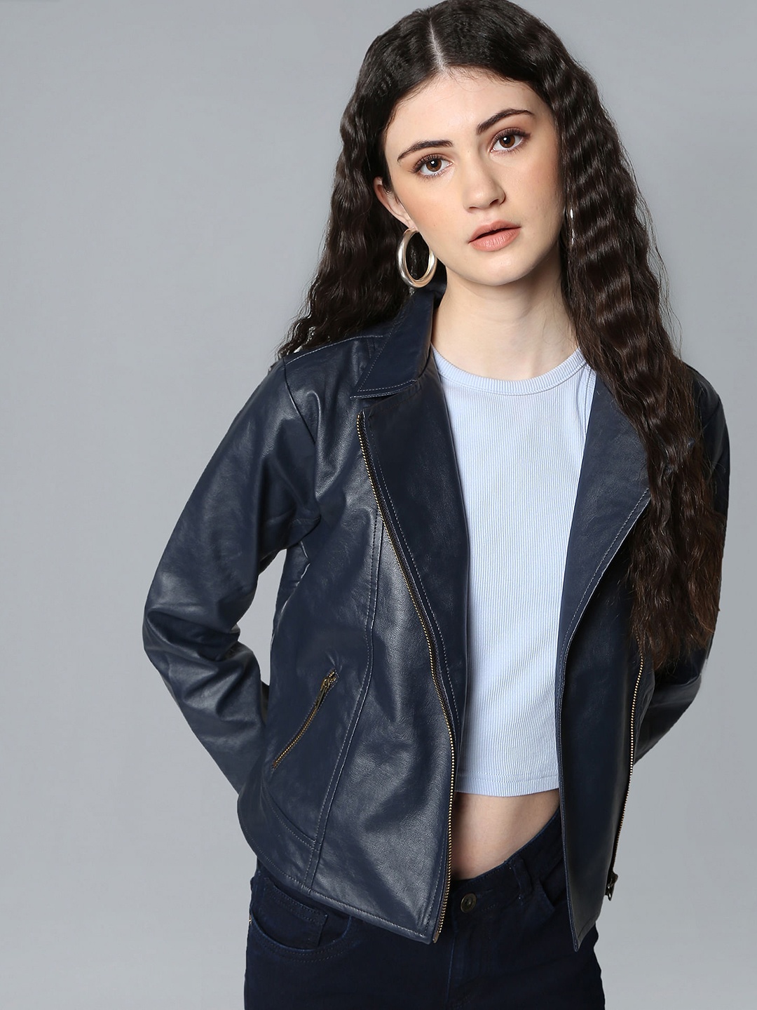 

Flying Machine Women Navy Blue Solid Lightweight Cropped Biker Jacket