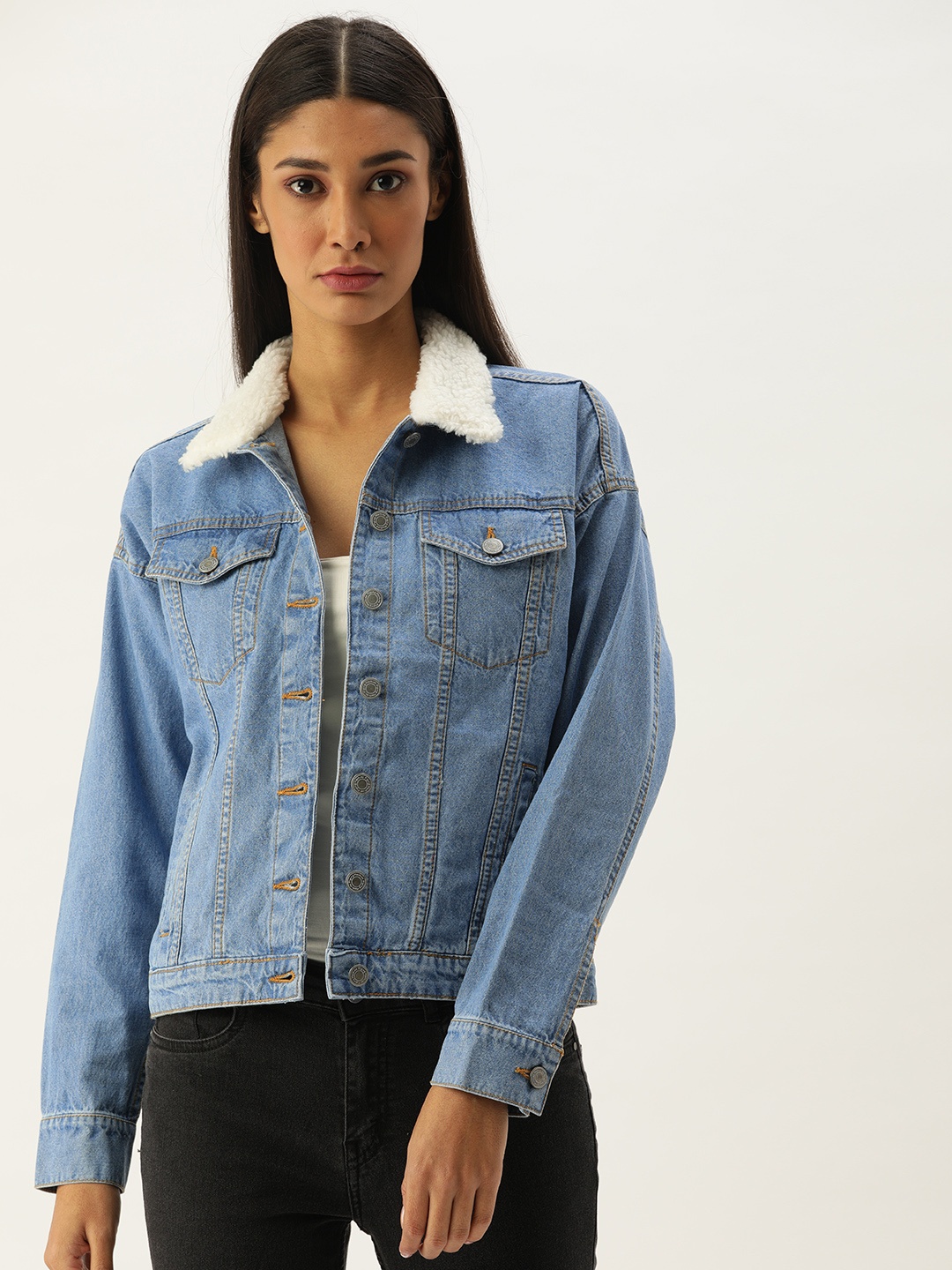 

Flying Machine Women Blue Solid Denim Jacket With Faux Fur Detailing