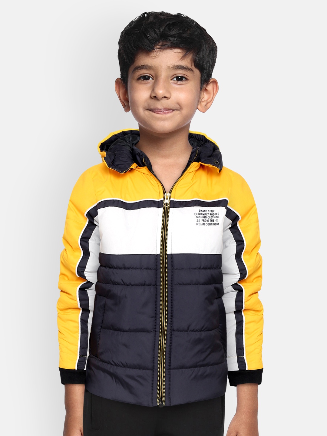 

Okane Boys Yellow & Navy Colourblocked Padded Jacket with Detachable Hood