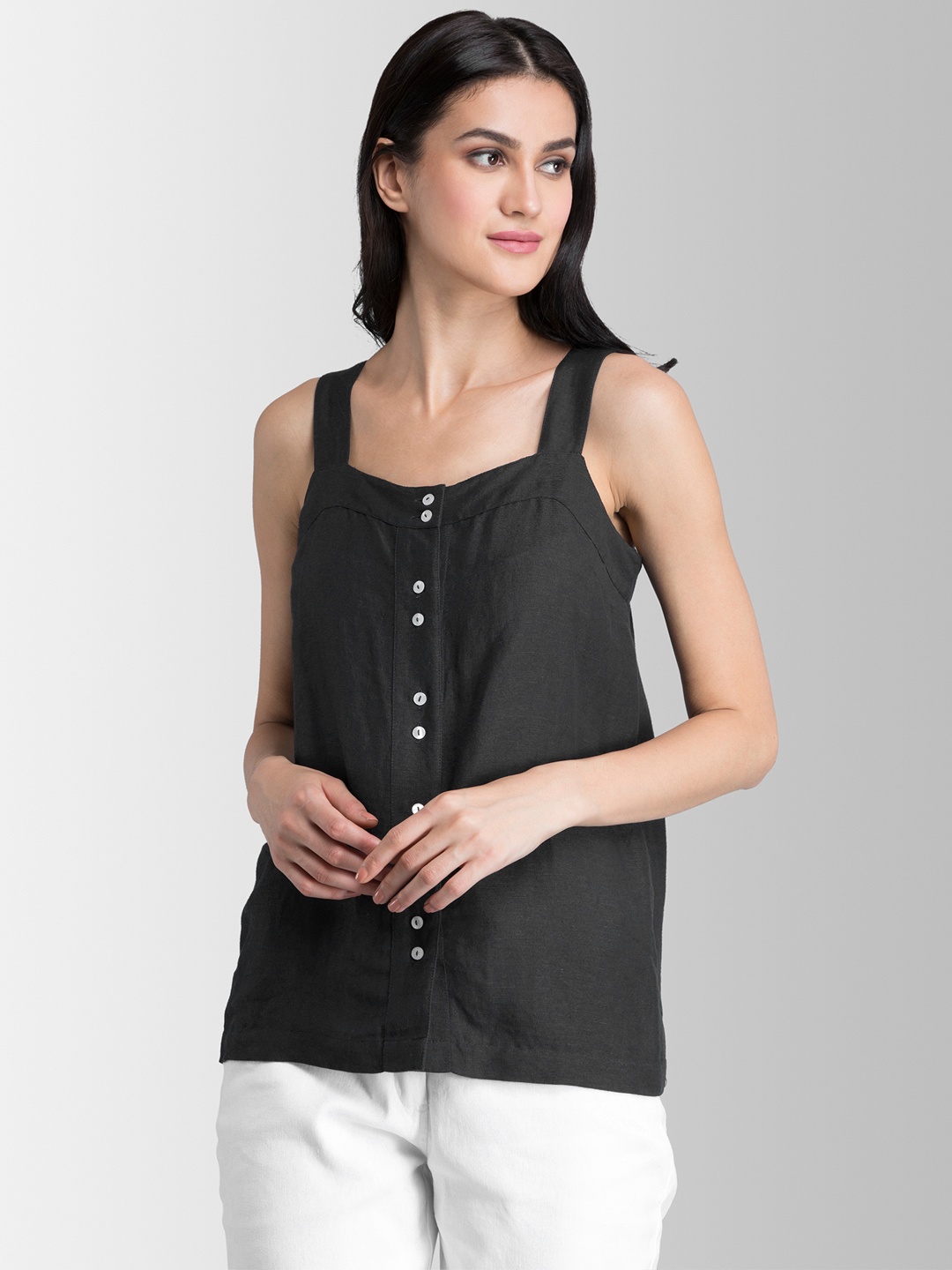 

FableStreet Black Cotton Linen Regular Top