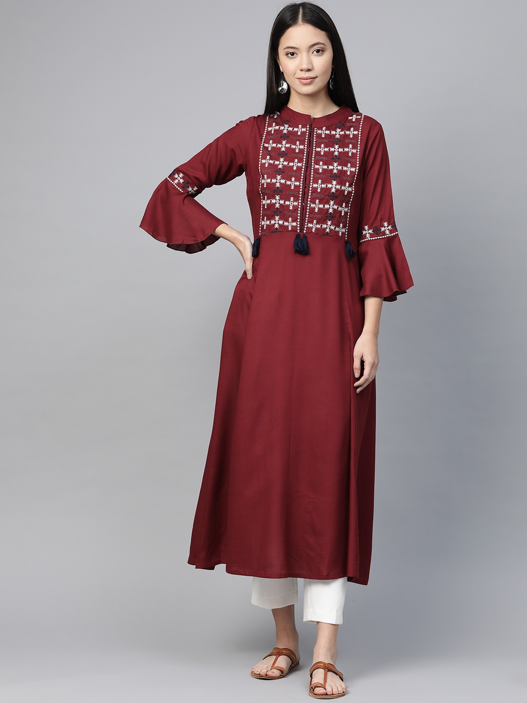 

plusS Women Maroon & White Embroidered Yoke Design A-Line Kurta