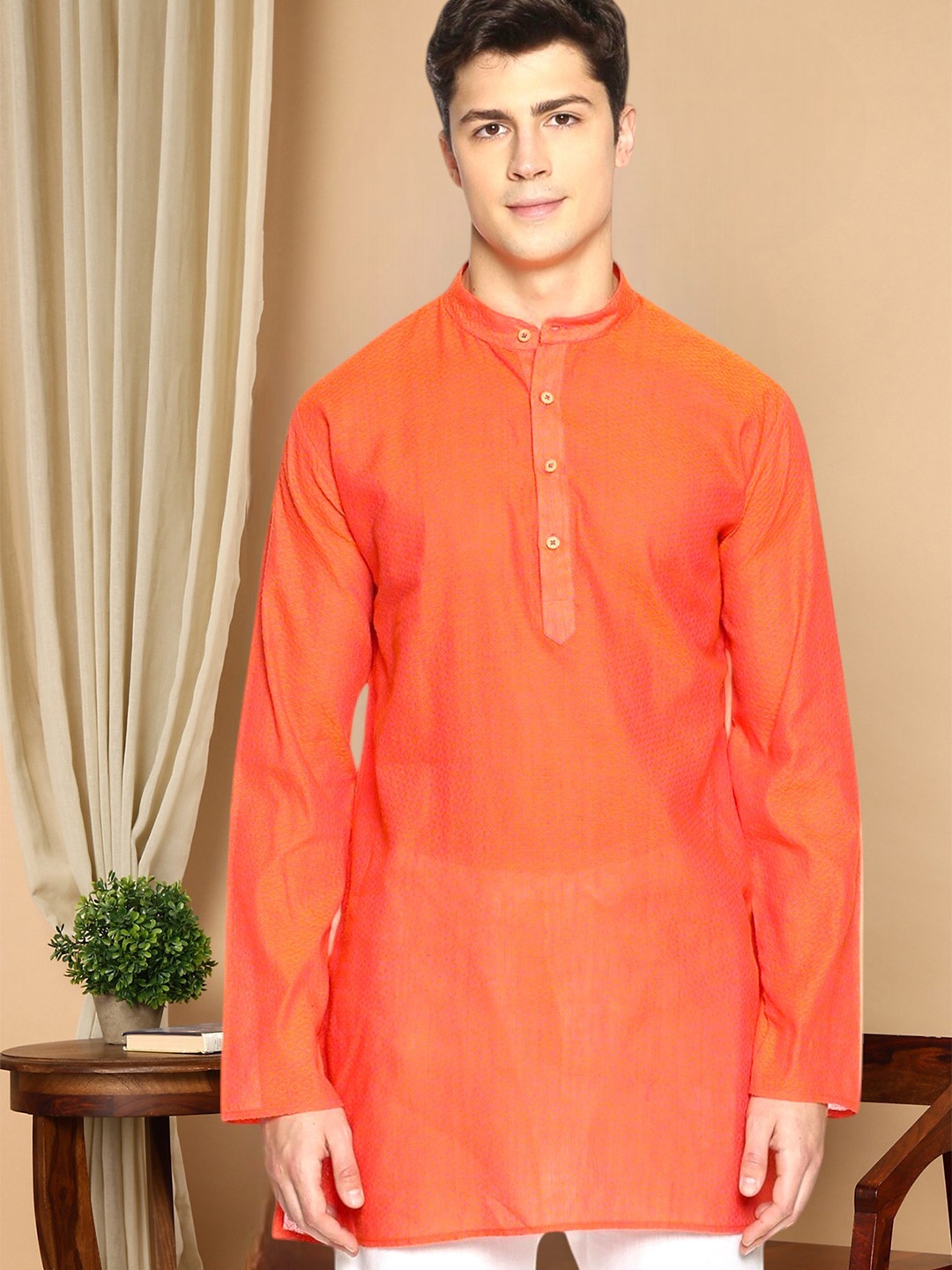 

TATTVA Men Orange Woven Design Straight Kurta