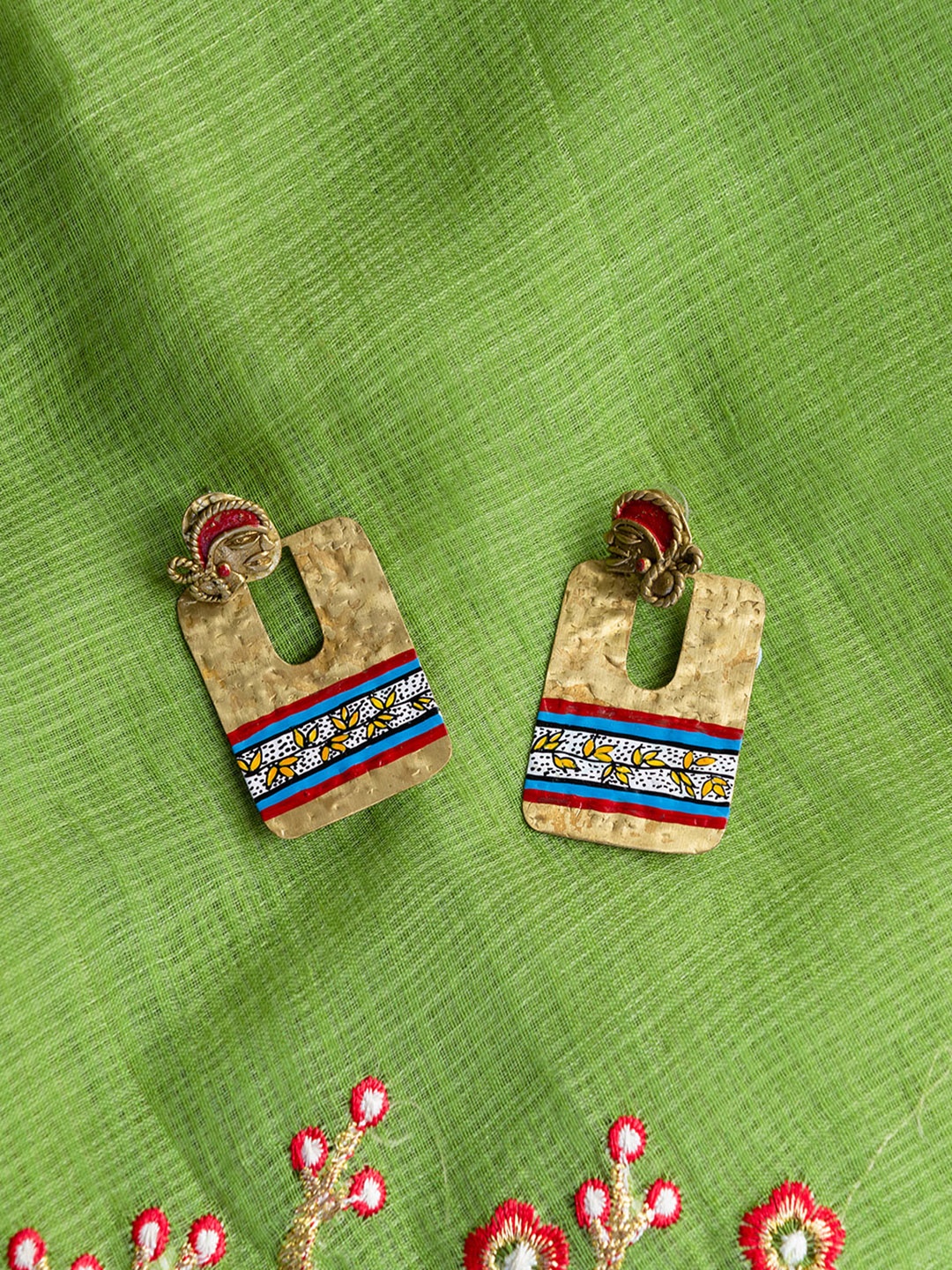 

ExclusiveLane Gold-Toned Tribal Handmade Dhokra Art Flat Brass Drop Earrings