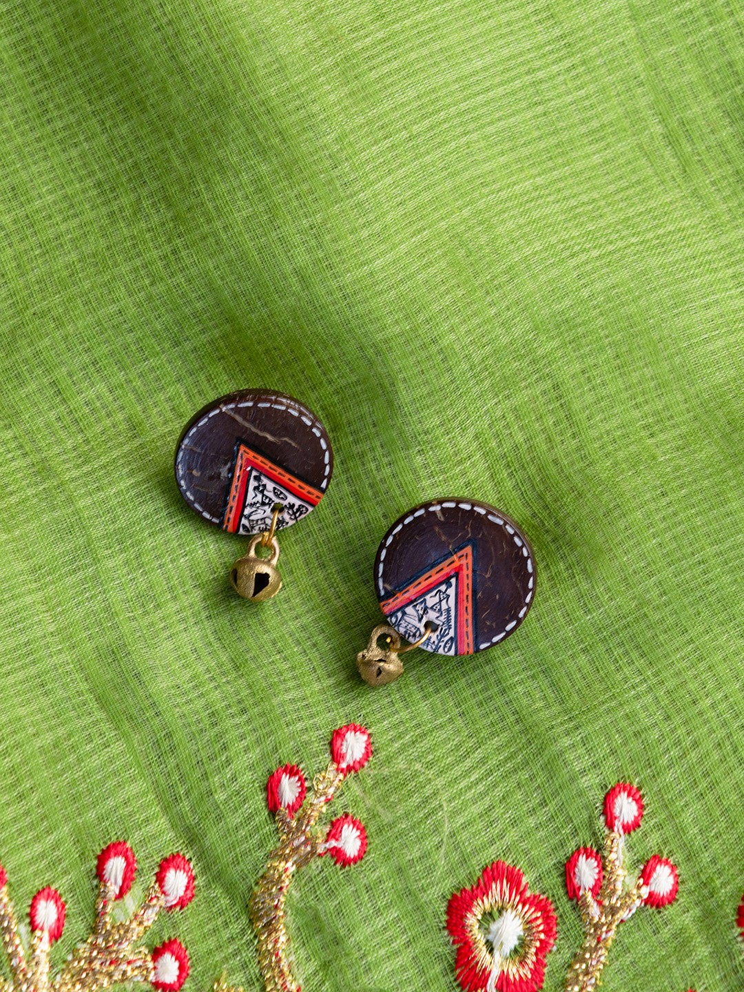 

ExclusiveLane Brown Hand-Painted Warli Art Enamelled Circular Studs Bohemian Earrings