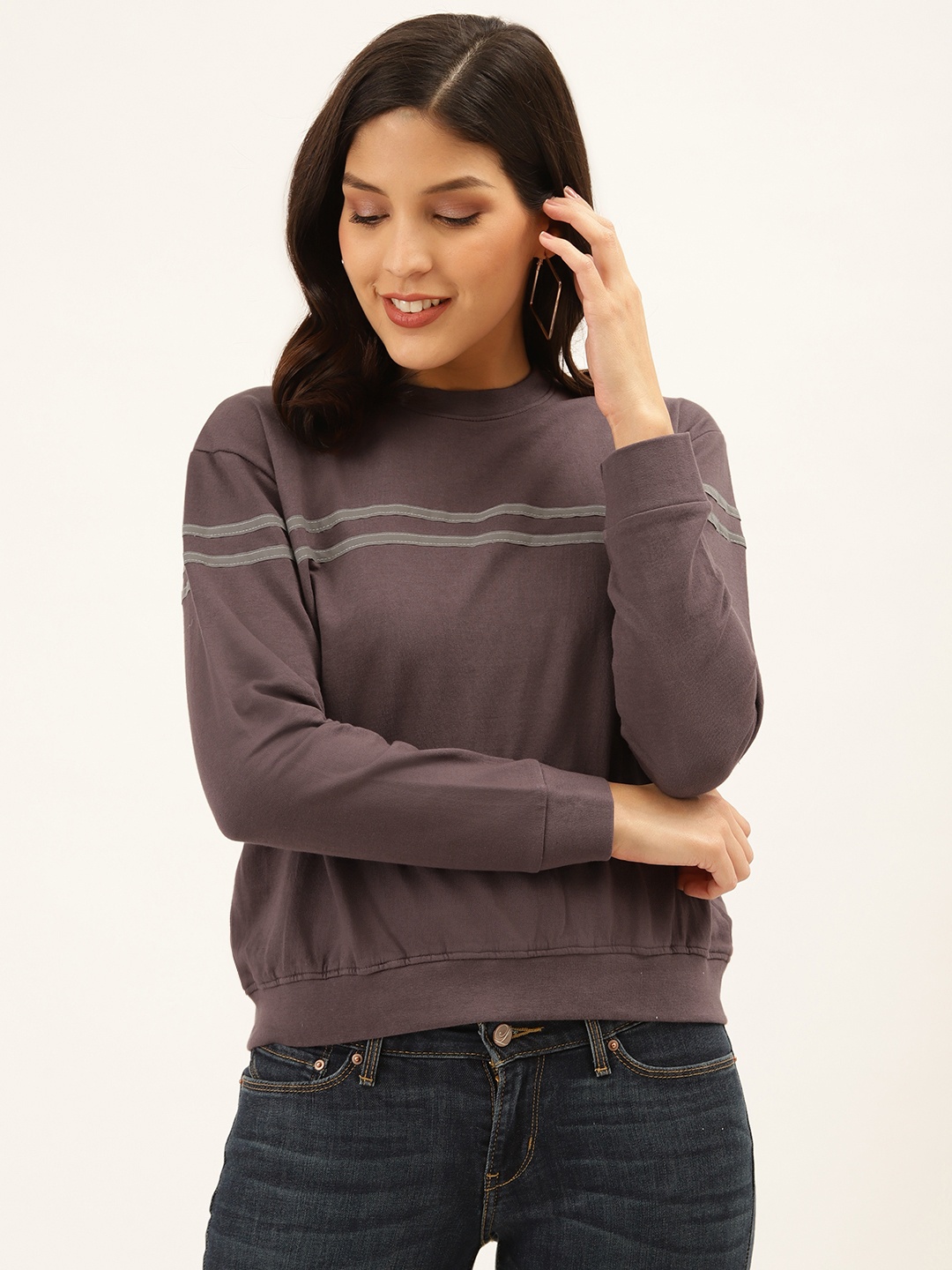 

Style Quotient Women Charcoal Grey Solid Sweatshirt with Striped Detail