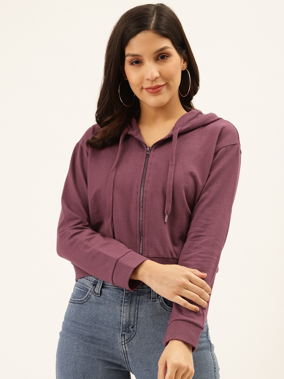 

Style Quotient Women Purple Solid Hooded Crop Sweatshirt