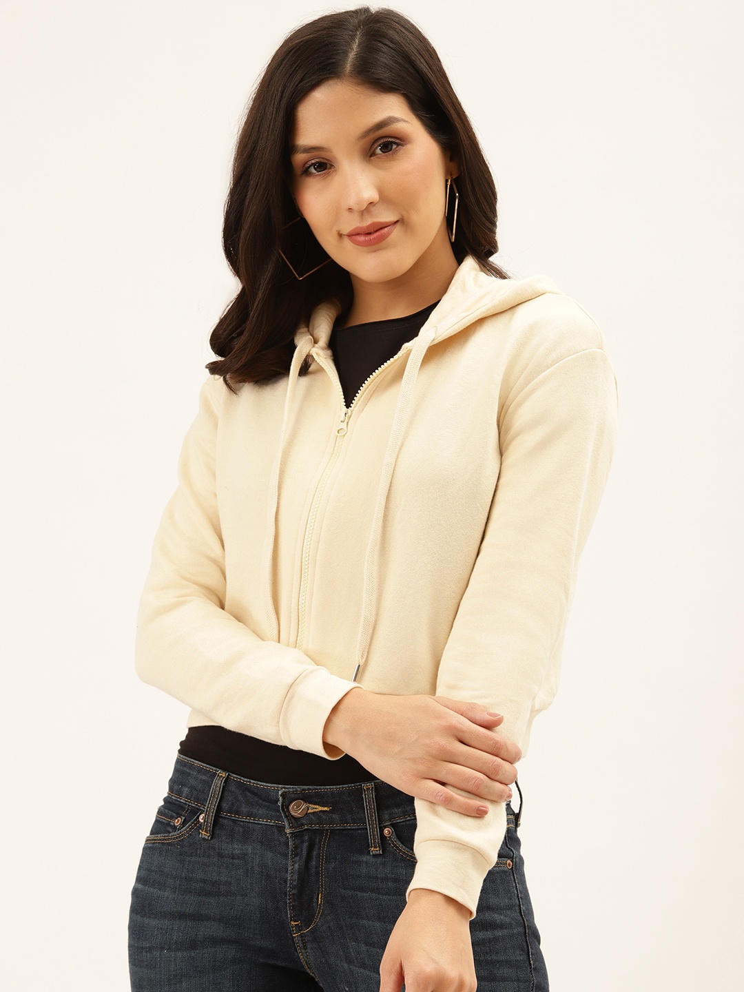 

Style Quotient Women Cream-Coloured Solid Hooded Crop Sweatshirt