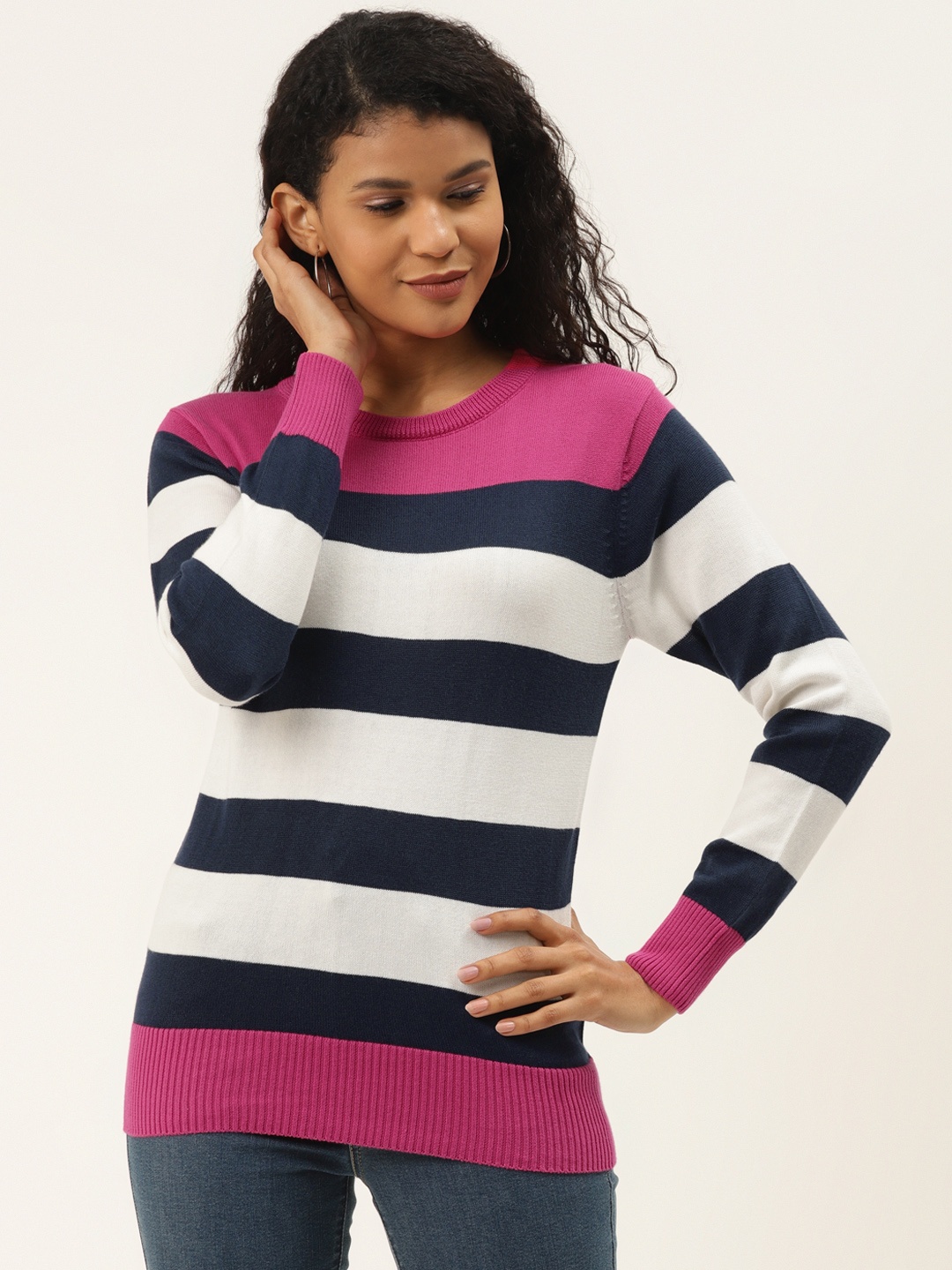 

Style Quotient Women Pink & Navy Blue Striped Pullover Sweater