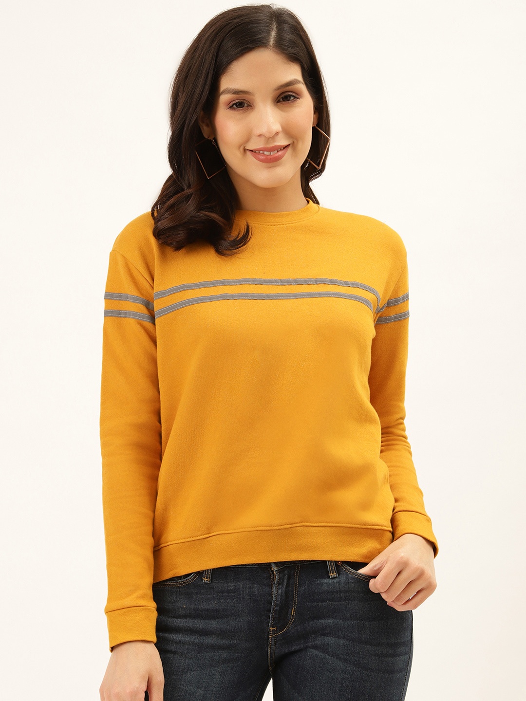 

Style Quotient Women Mustard Yellow & Grey Solid Sweatshirt with Striped Detail