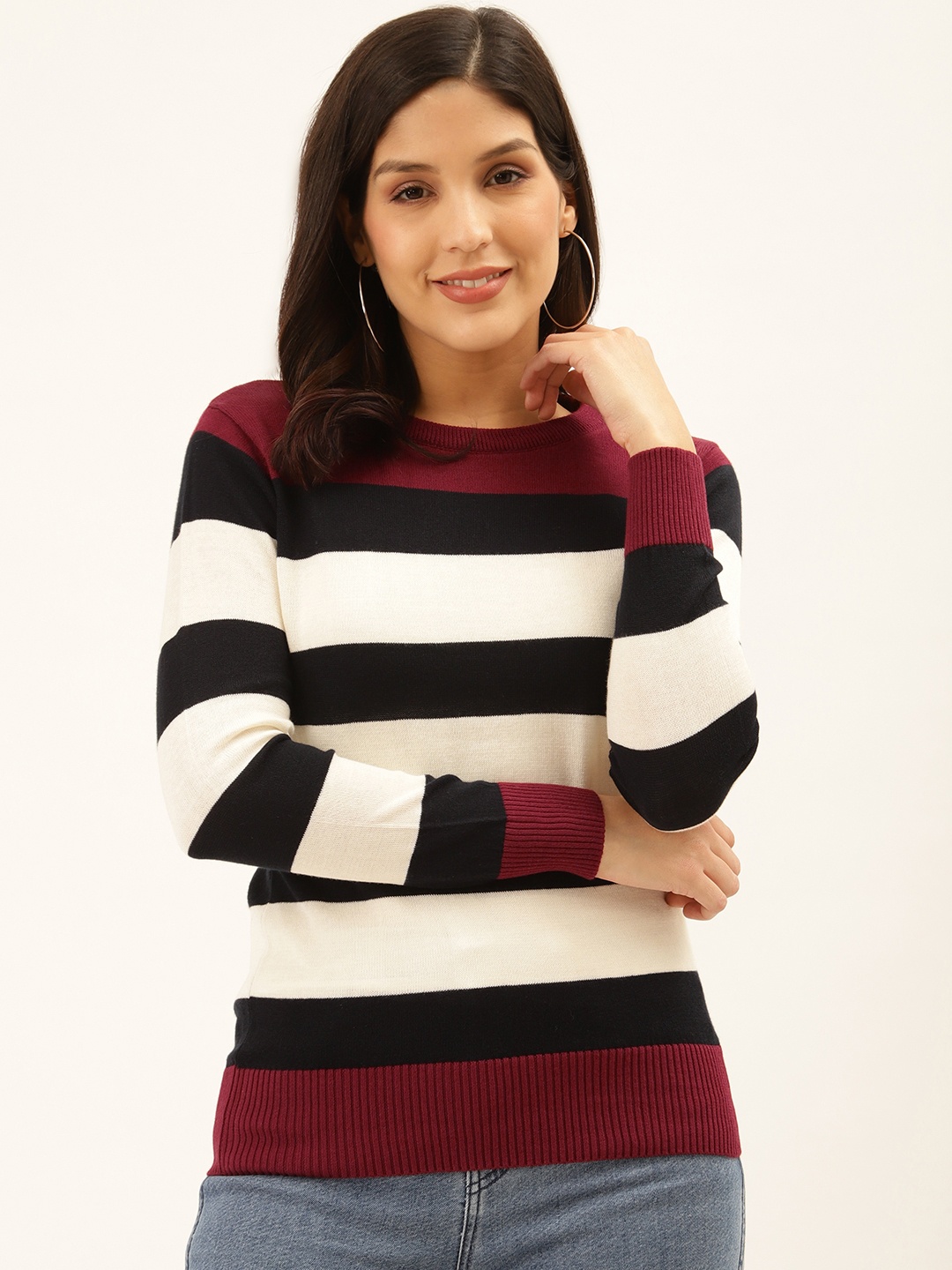 

Style Quotient Women White & Black Striped Pullover