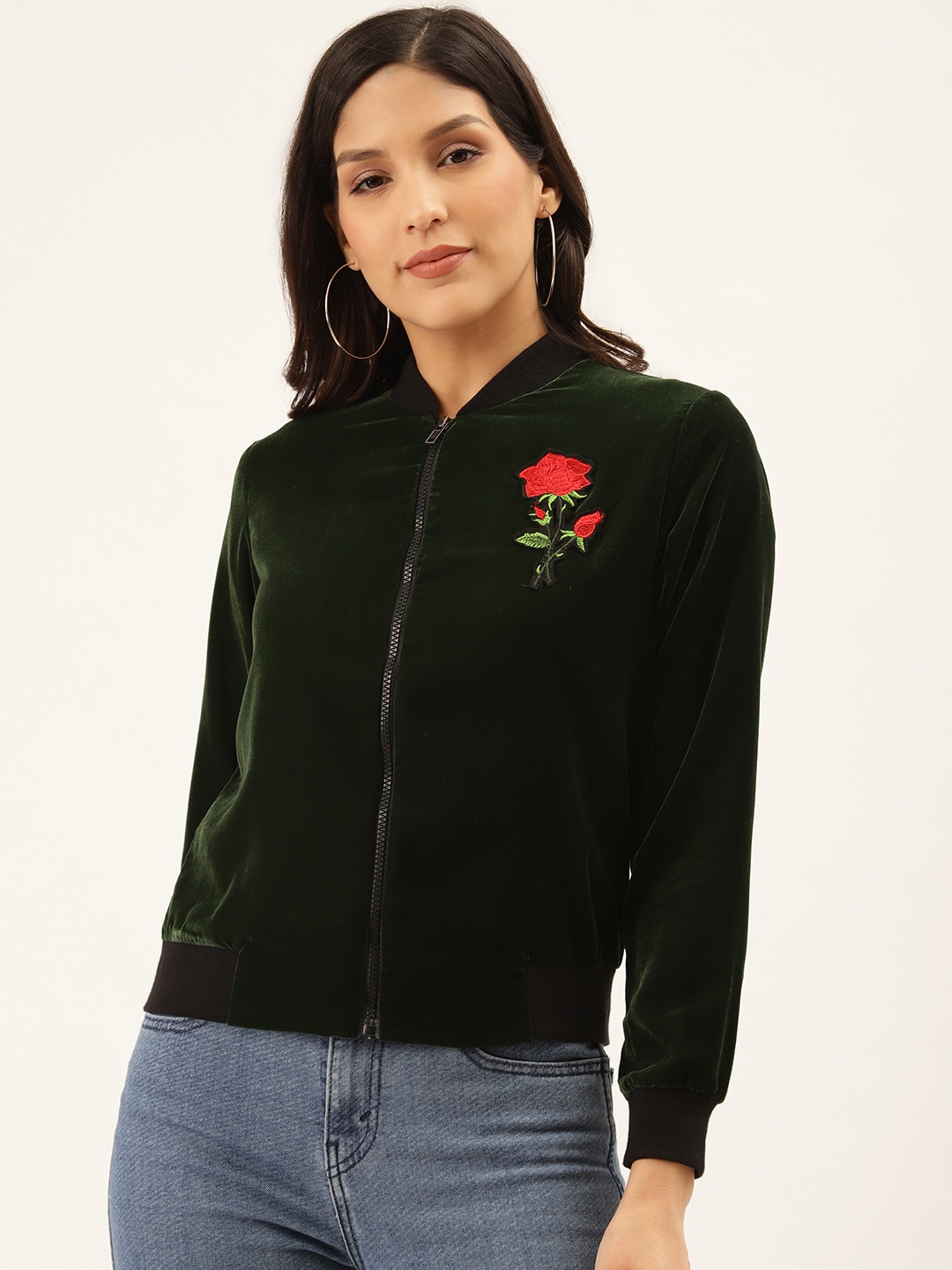 

Style Quotient Women Olive Green Solid Velvet Finish Lightweight Bomber