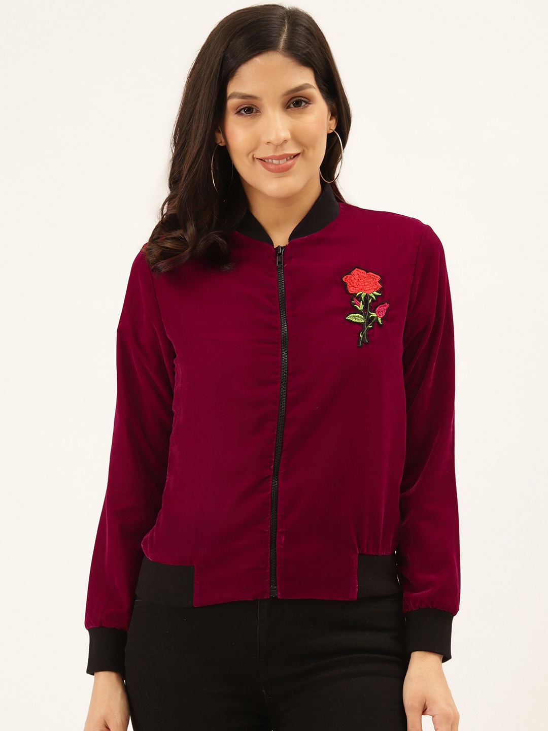 

Style Quotient Women Magenta Solid Velvet Finish Lightweight Bomber