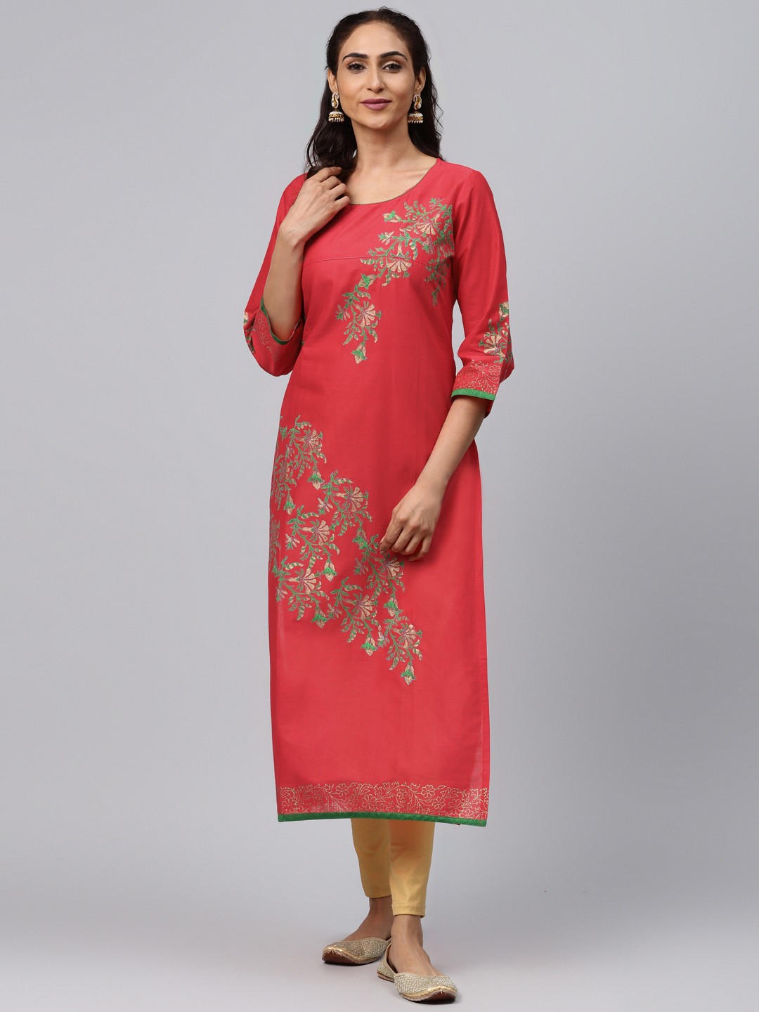

Akshatani Women Pink & Green Hand Block Printed Straight Kurta