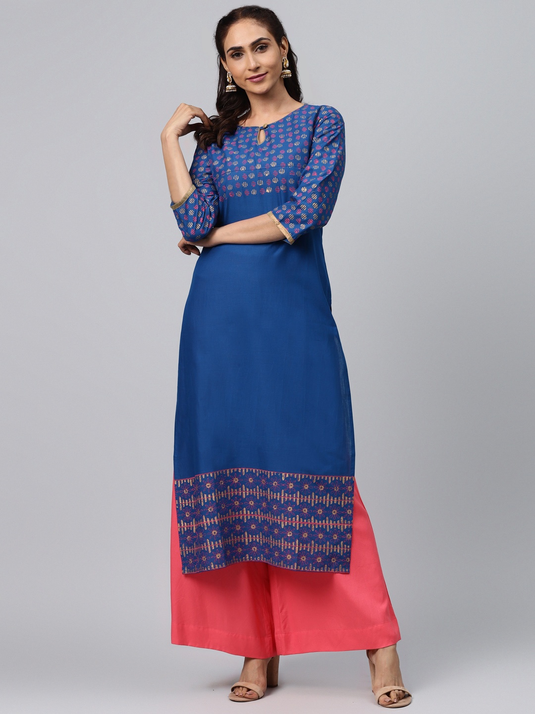 

Akshatani Women Blue & Golden Hand Block Printed Straight Kurta