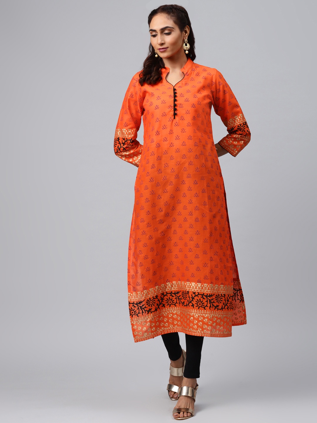 

Akshatani Women Orange & Purple Hand Block Printed Straight Kurta