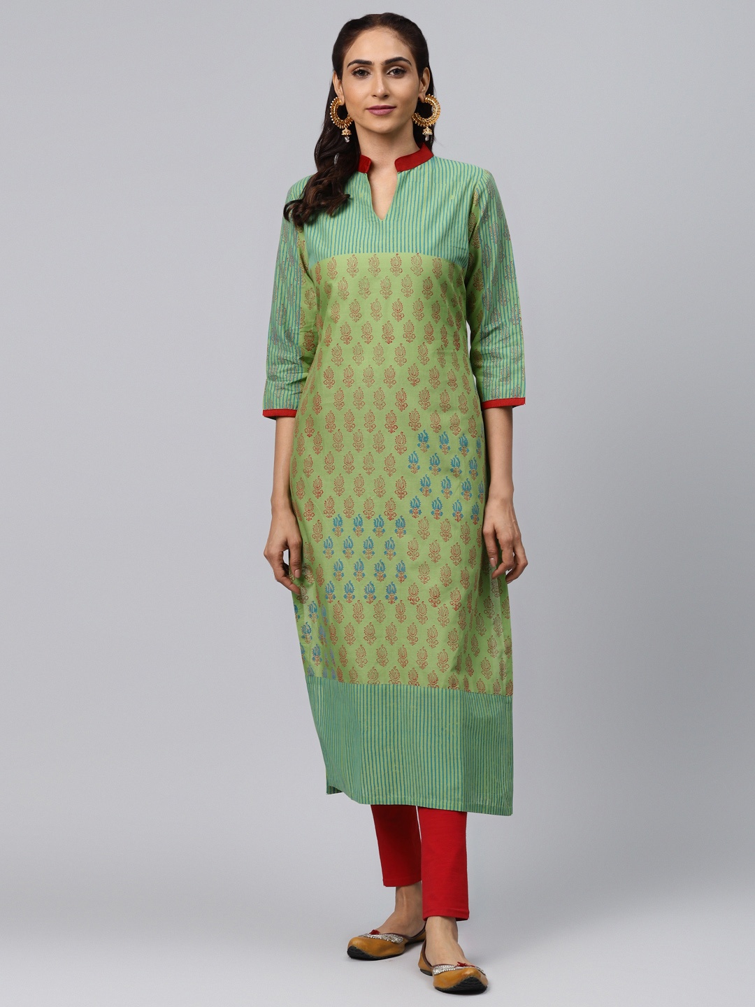 

Akshatani Women Green & Red Hand Block Printed Straight Kurta