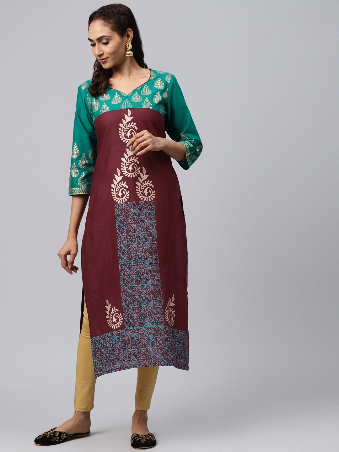 

Akshatani Women Maroon & Blue Hand Block Printed Straight Kurta