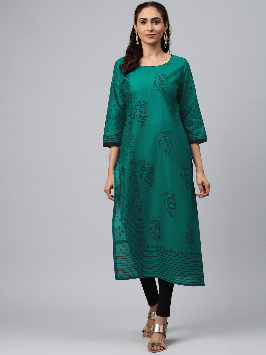 

Akshatani Women Teal Green & Black Hand Block Print Straight Kurta