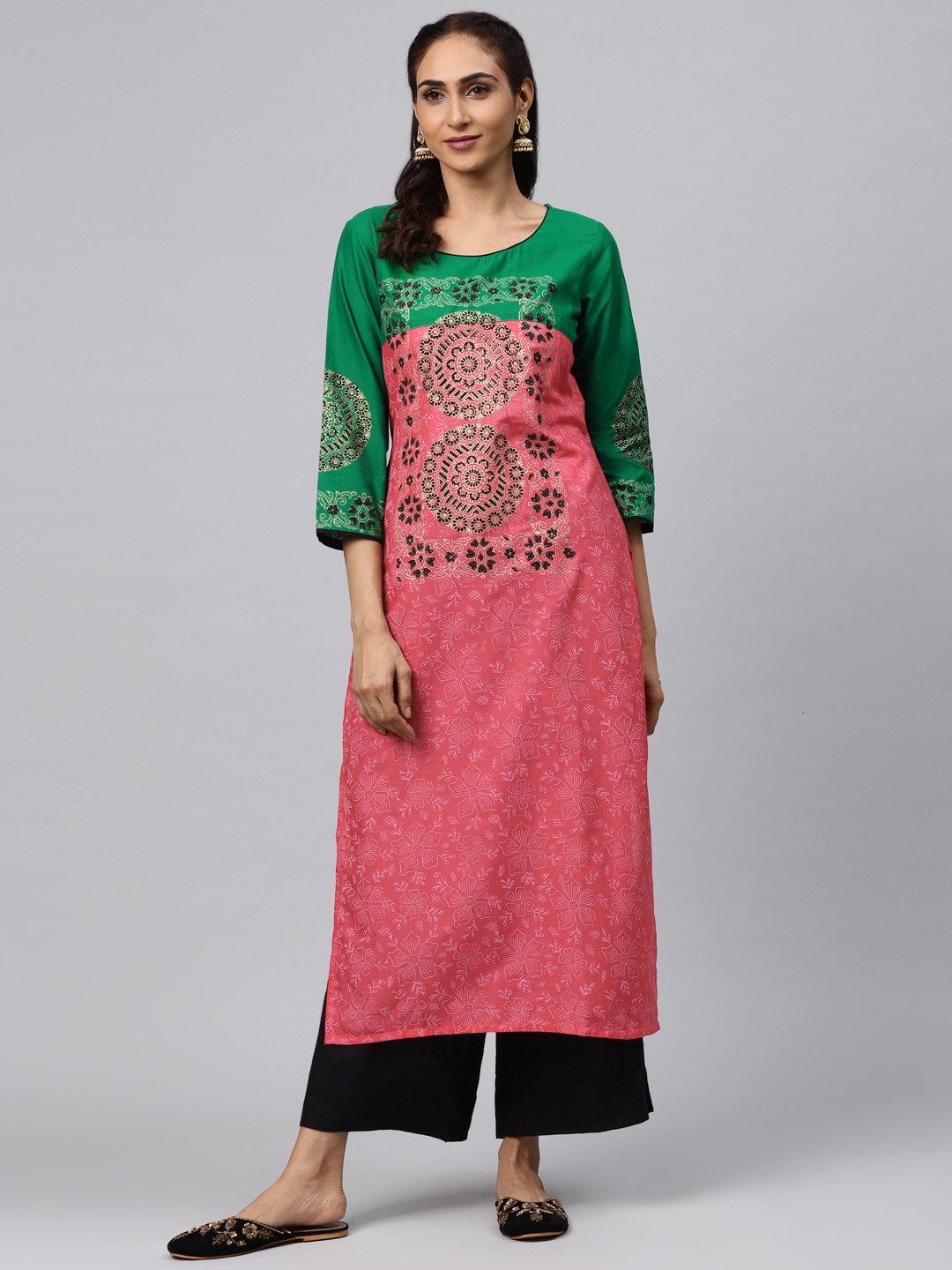 

Akshatani Women Pink & Green Hand Block Printed Straight Kurta