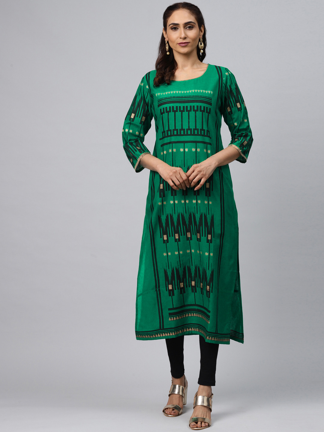 

Akshatani Women Green & Black Hand Block Printed Straight Kurta