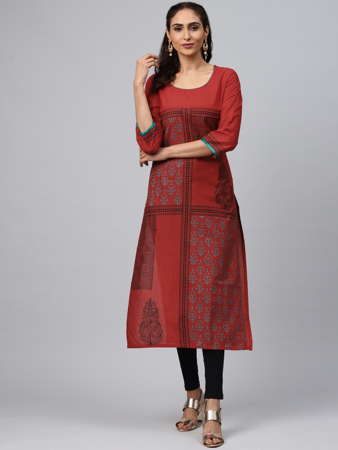 

Akshatani Women Red & Black Hand Block Printed Straight Kurta