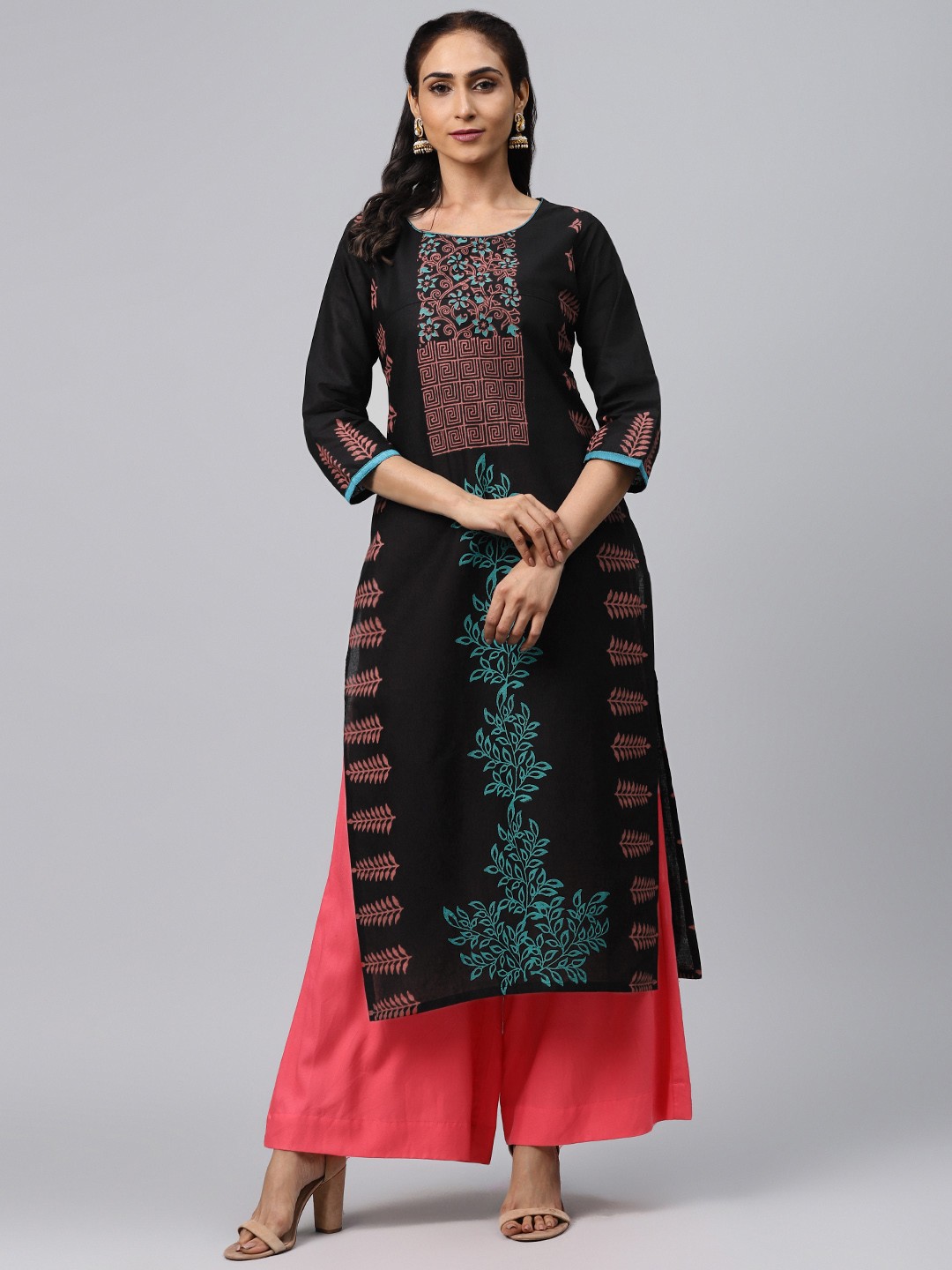 

Akshatani Women Black & Blue Hand Block Print Straight Kurta