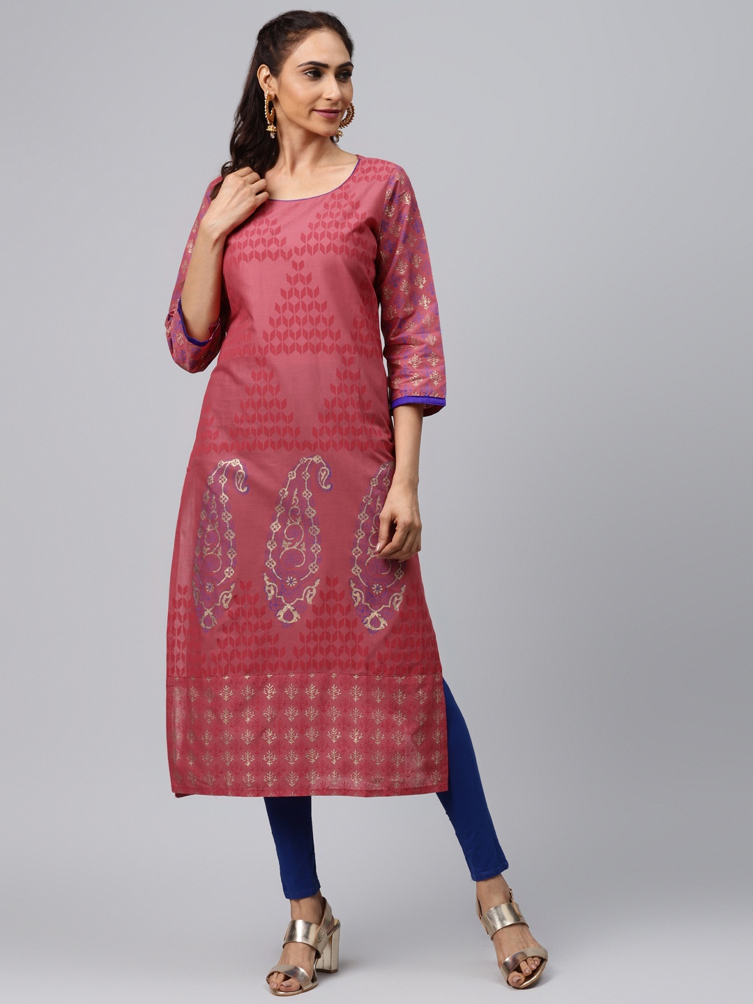 

Akshatani Women Pink & Golden Paisley Hand Block Print Straight Kurta