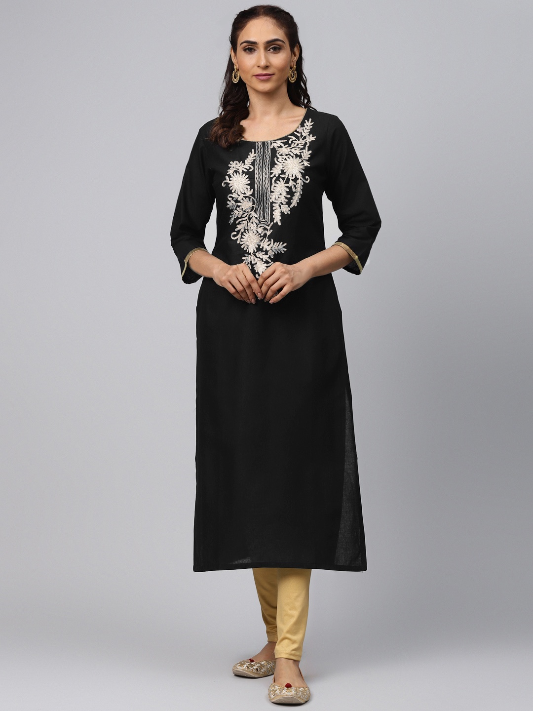 

Akshatani Women Black & Golden Yoke Design Embroidered Straight Kurta