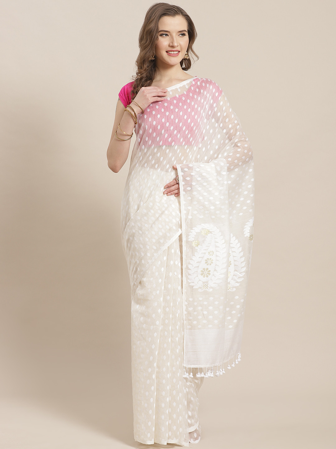 

ADITRI White Woven Design Silk Cotton Jamdani Saree