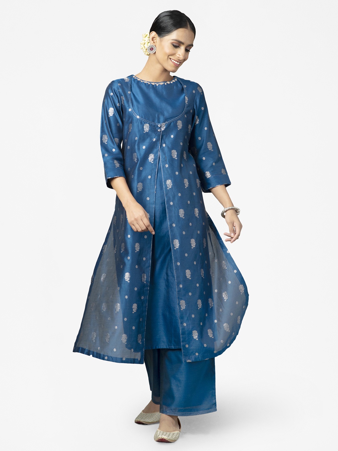 

Fabindia Women Blue & Silver Ethnic Motifs Woven Design Layered A-Line Kurta