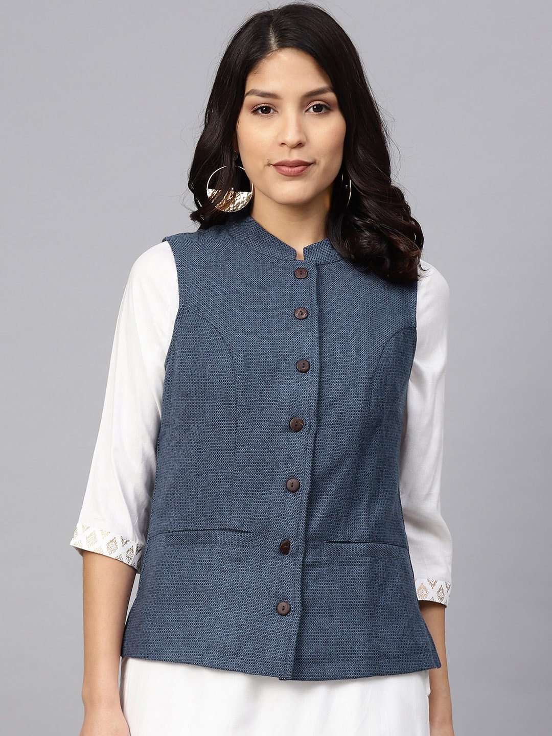 

Fabindia Women Blue Self Design Woollen Ethnic Jacket