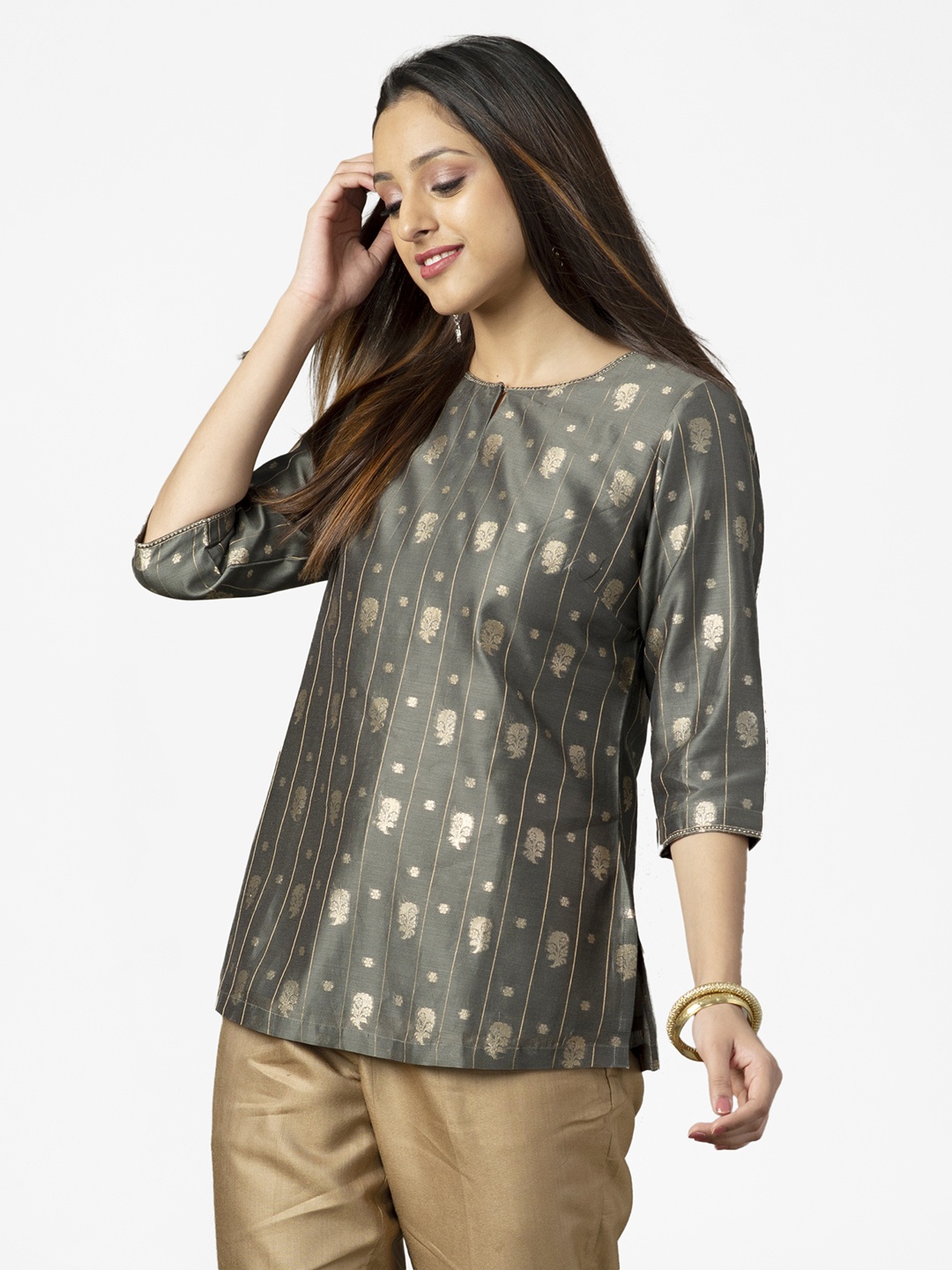 

Fabindia Women Grey & Golden Woven Design Kurti