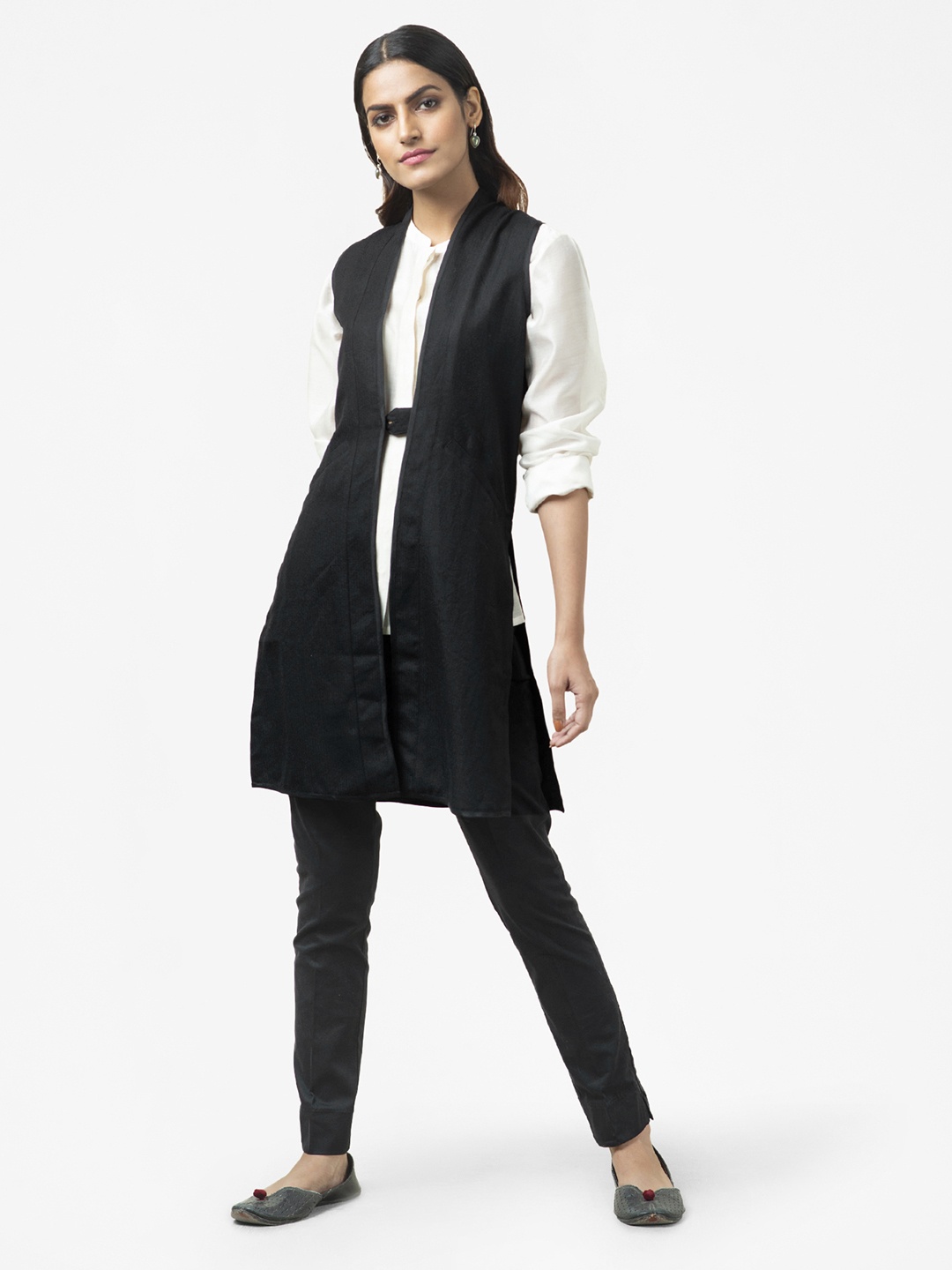 

Fabindia Women Black Solid Lightweight Woollen Jacket