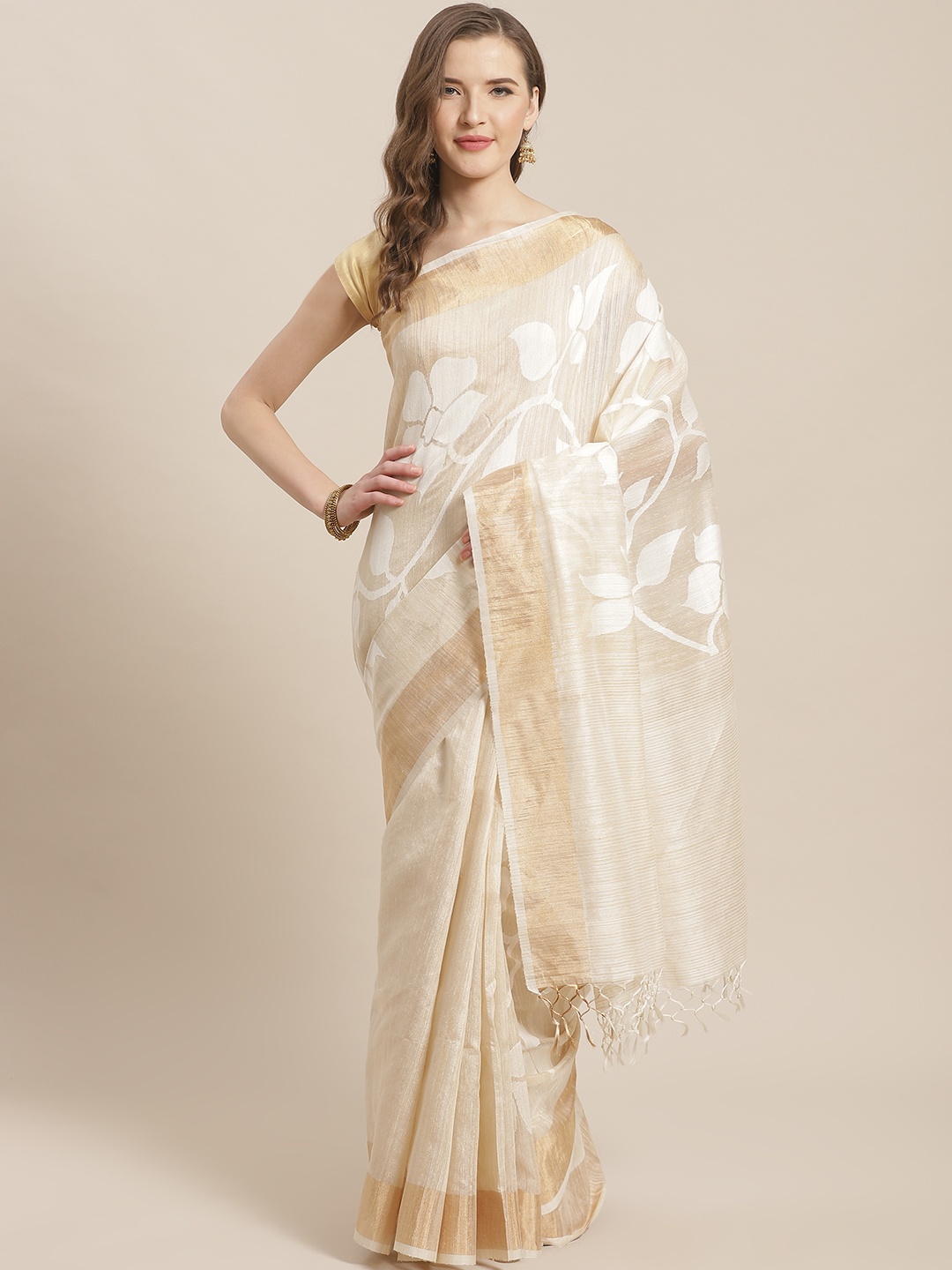 

ADITRI Cream-Coloured Woven Design Pure Silk Jamdani Saree