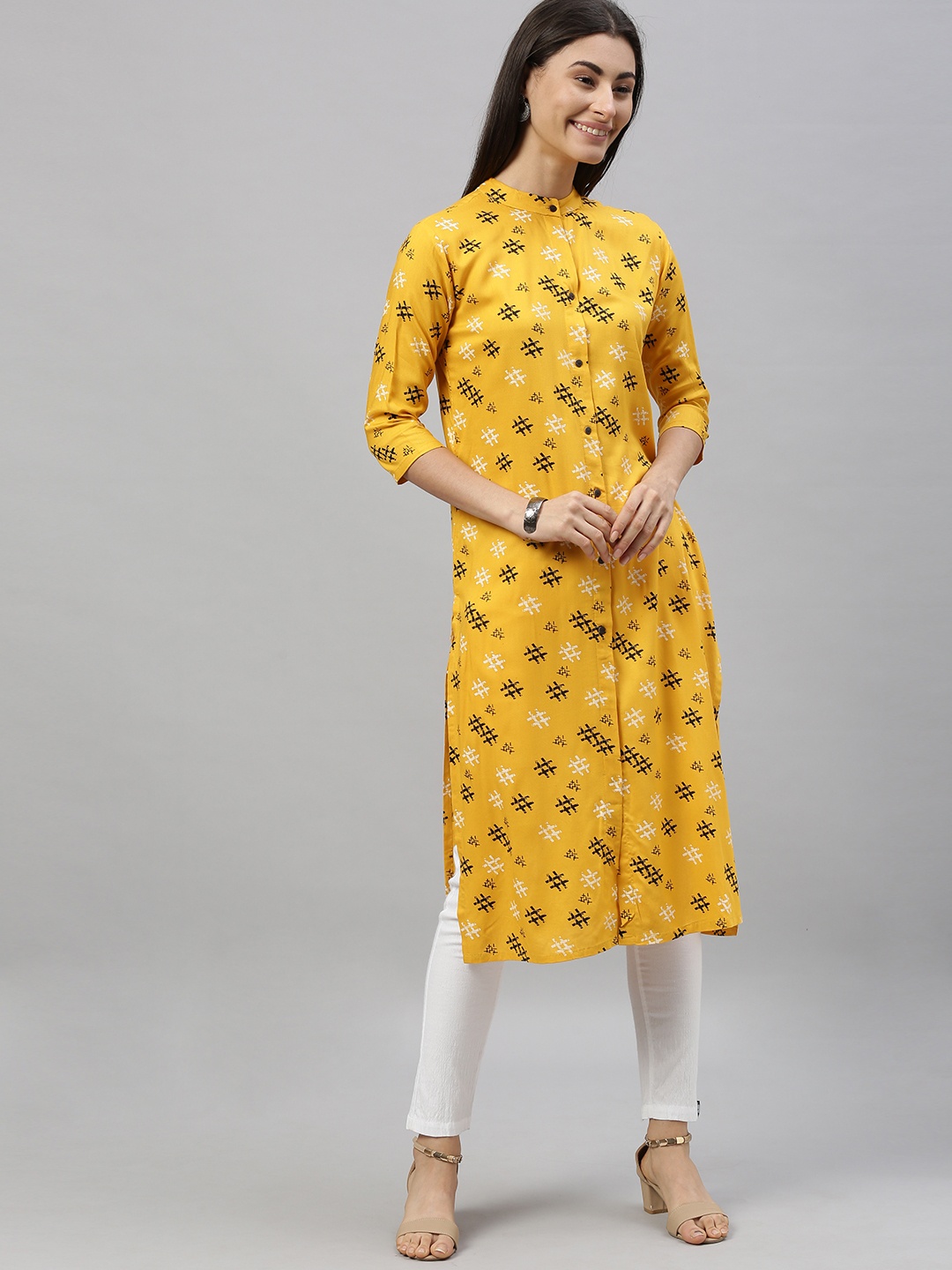 

MIMOSA Women Yellow & Black Printed Straight Kurta