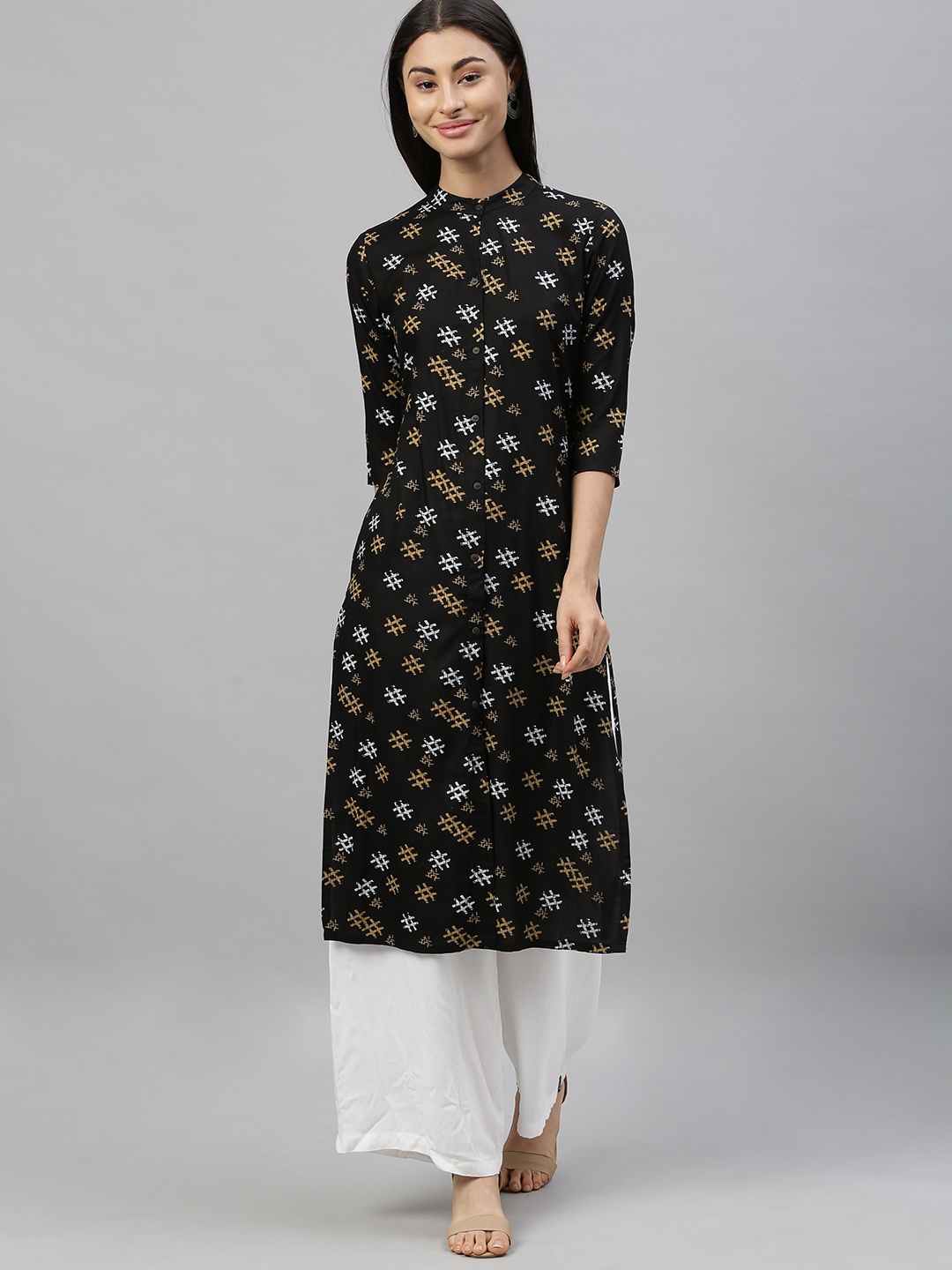 

MIMOSA Women Black & White Printed Straight Kurta